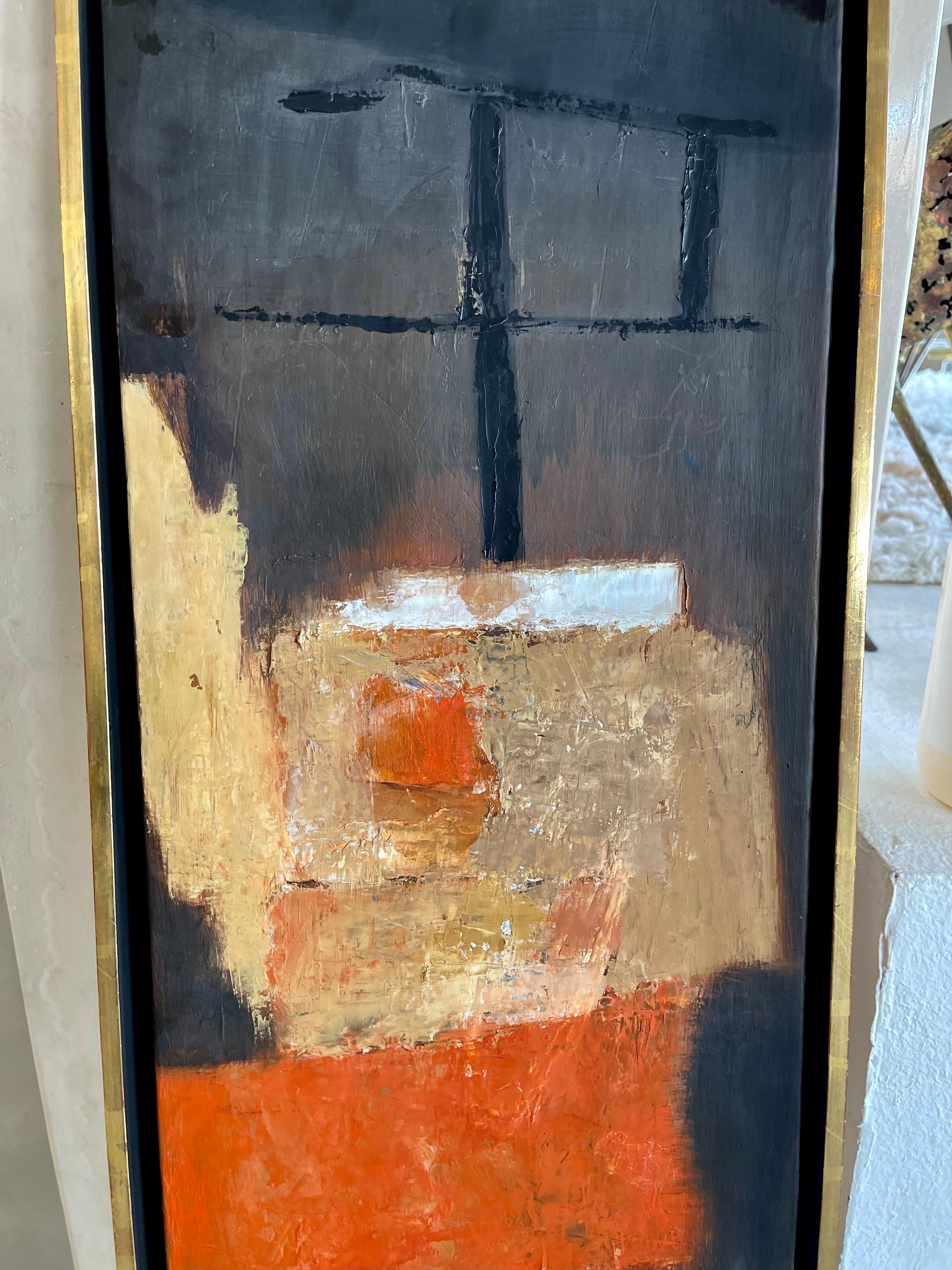 A wonderful abstract by Francis Field Monogrammed and dated 1958. In a period frame with a Stuttman Gallery paper label on the back. Nice composition. Painting is on wood panel. The frame has a gilt edge with some rub marks and spots of touch up.