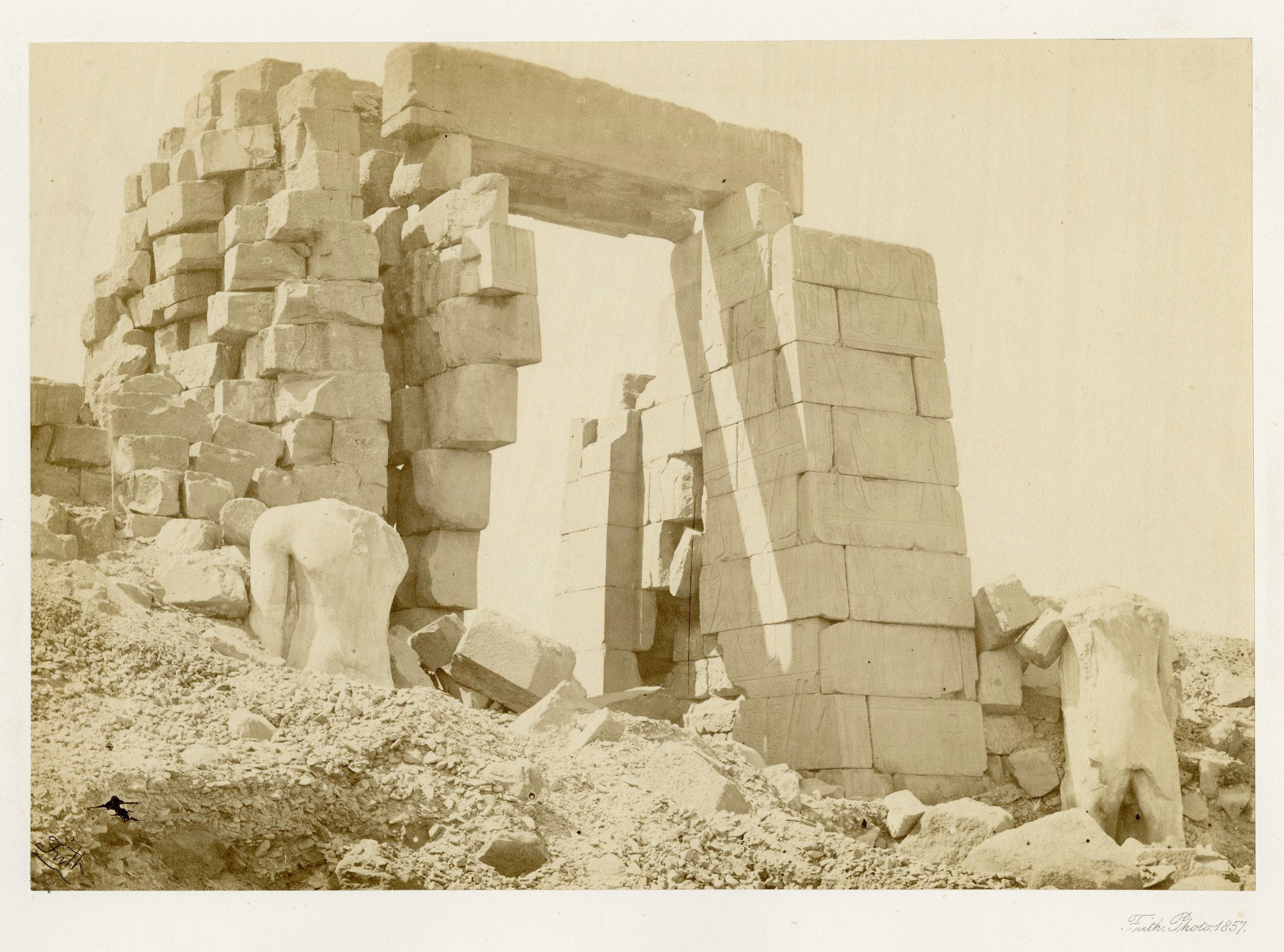 Granite Pylon, Karnac
Original gold toned albumin photograph, c. 1862
Unsigned as is usual
From: Upper Egypt and Ethiopia, c. 1862, Vol 1, (36 plates)
Published by William Mackenzie, London, Glasgow & Edinburgh
Condition: Usual staining, surface