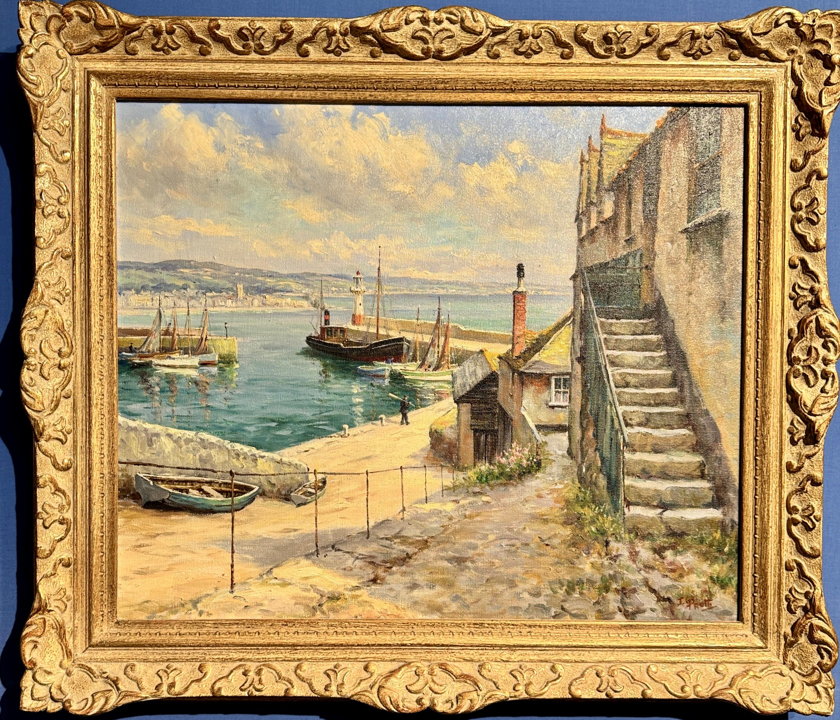 English Impressionist landscape with boats of the Harbor Newlyn Cornwall, UK