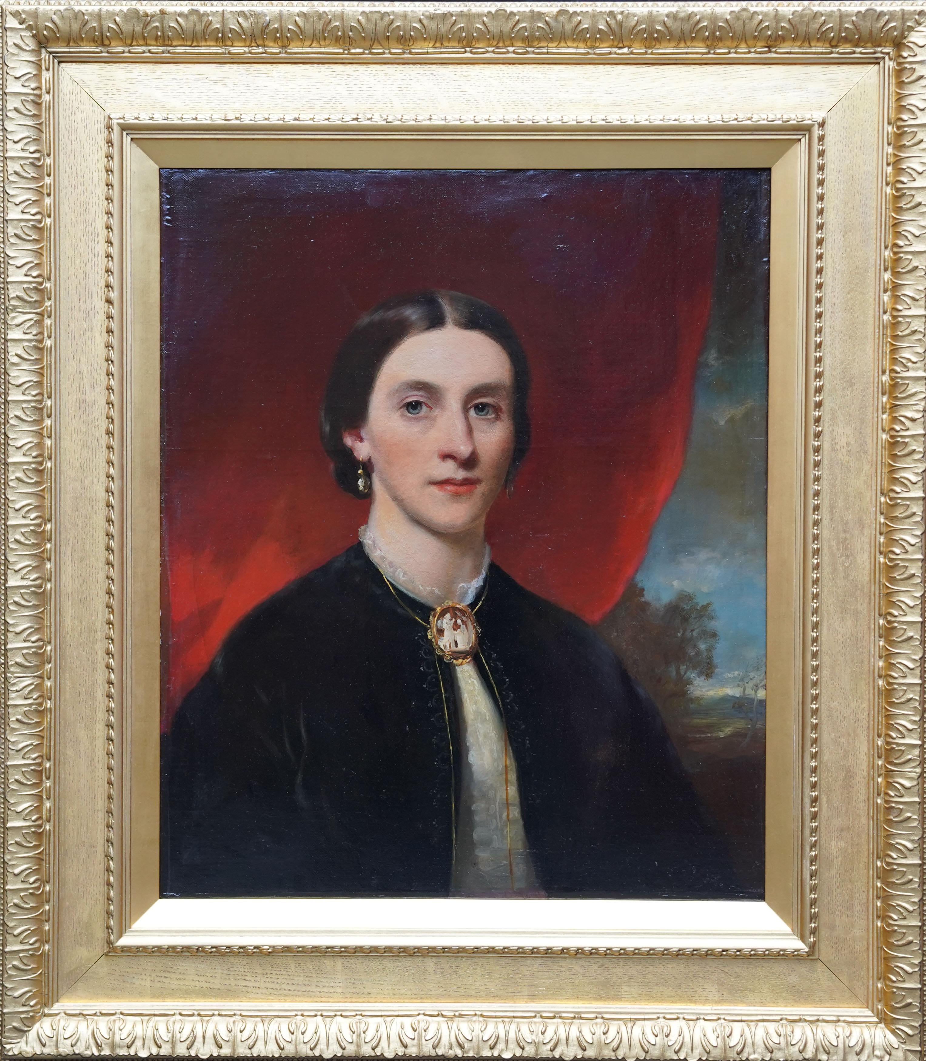 Portrait of a Lady with Cameo Brooch - British 19th century art oil painting For Sale 2