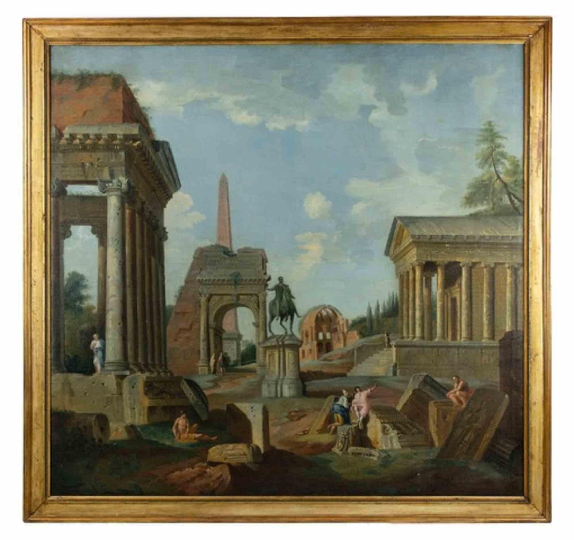 Römische Ruinen ist ein originales altmeisterliches Kunstwerk, das von einem Anhänger des Künstlers Giovanni Paolo Panini realisiert und Francis Harding (1730-1766) zugeschrieben wird.

Gemischtes farbiges Öl auf Leinwand.

Einschließlich