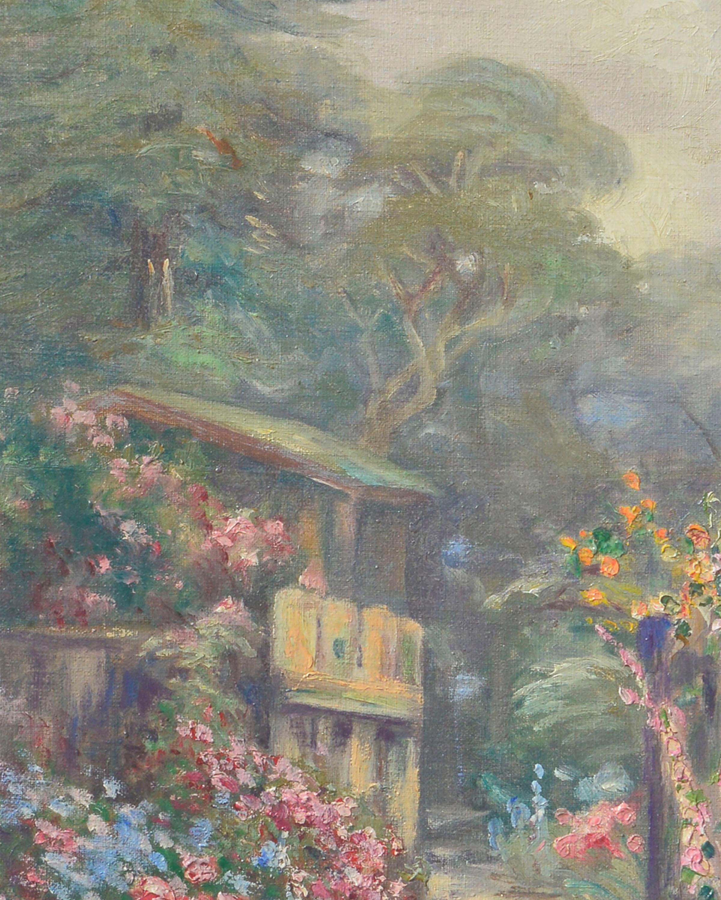 Pazifisches Gartentor in Pazifischer Grove, 1925 – Blumenlandschaft  (Amerikanischer Impressionismus), Painting, von Frank Cutting