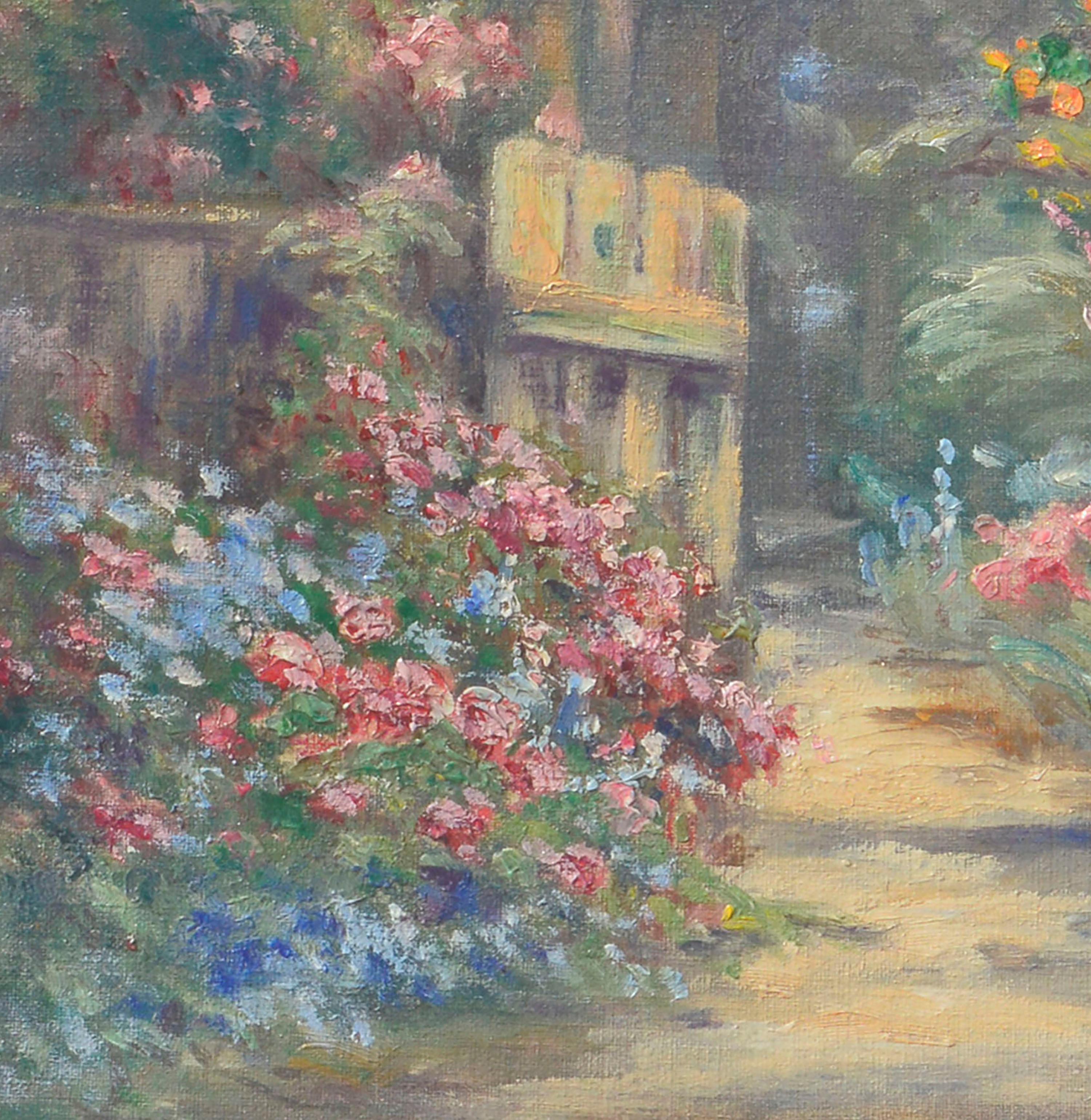 Pazifisches Gartentor in Pazifischer Grove, 1925 – Blumenlandschaft  (Braun), Landscape Painting, von Frank Cutting