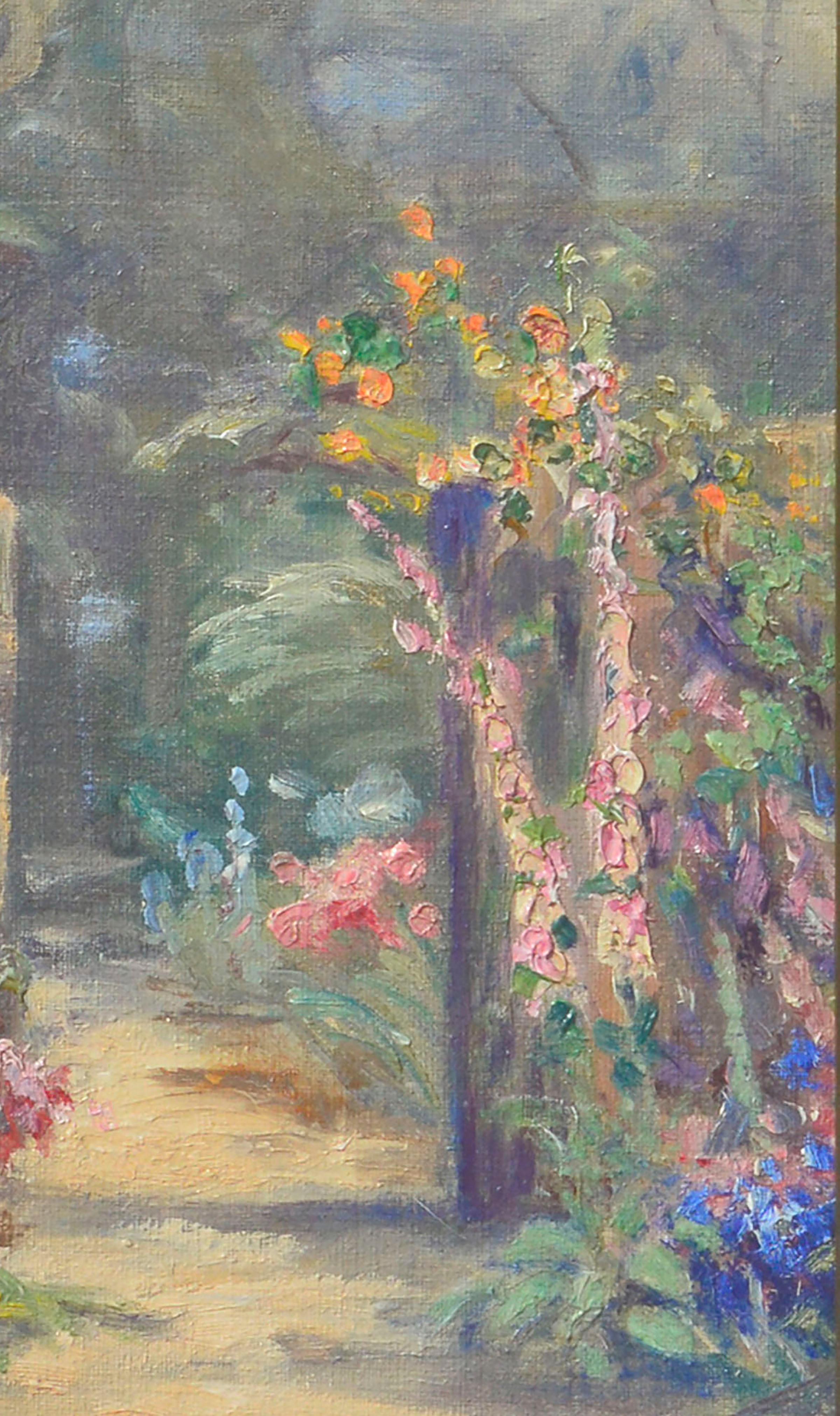 Charmantes kalifornisches Pleinair-Gemälde eines Gartentors mit blühendem Cottage-Garten von Francis 