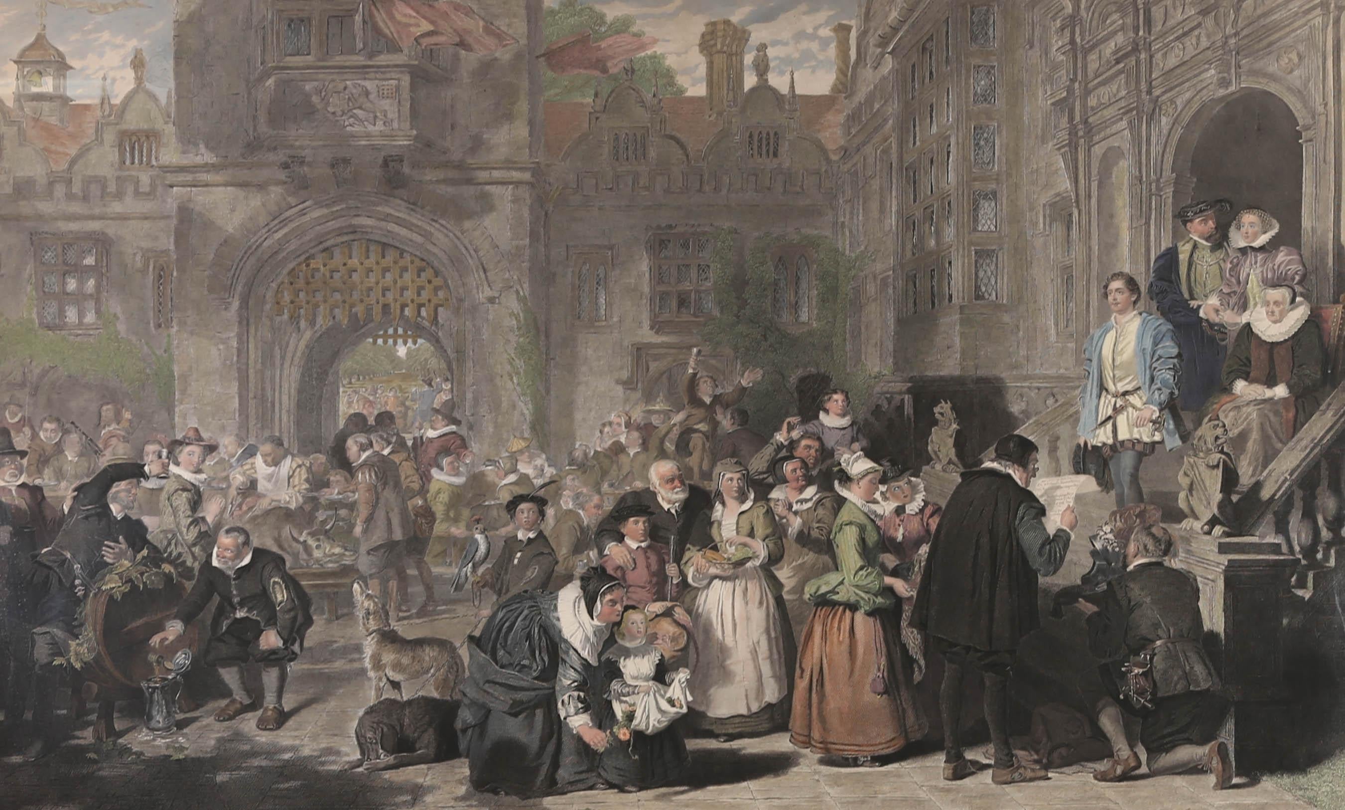 A fine 19th Century strike of the etching by Francis Holl Francis Holl, ARA (1815–1884) after the original painting by William Powell Frith, R.A. (1819-1909). A crowded scene in a courtyard with figures in Tudor dress drinking and feasting, others