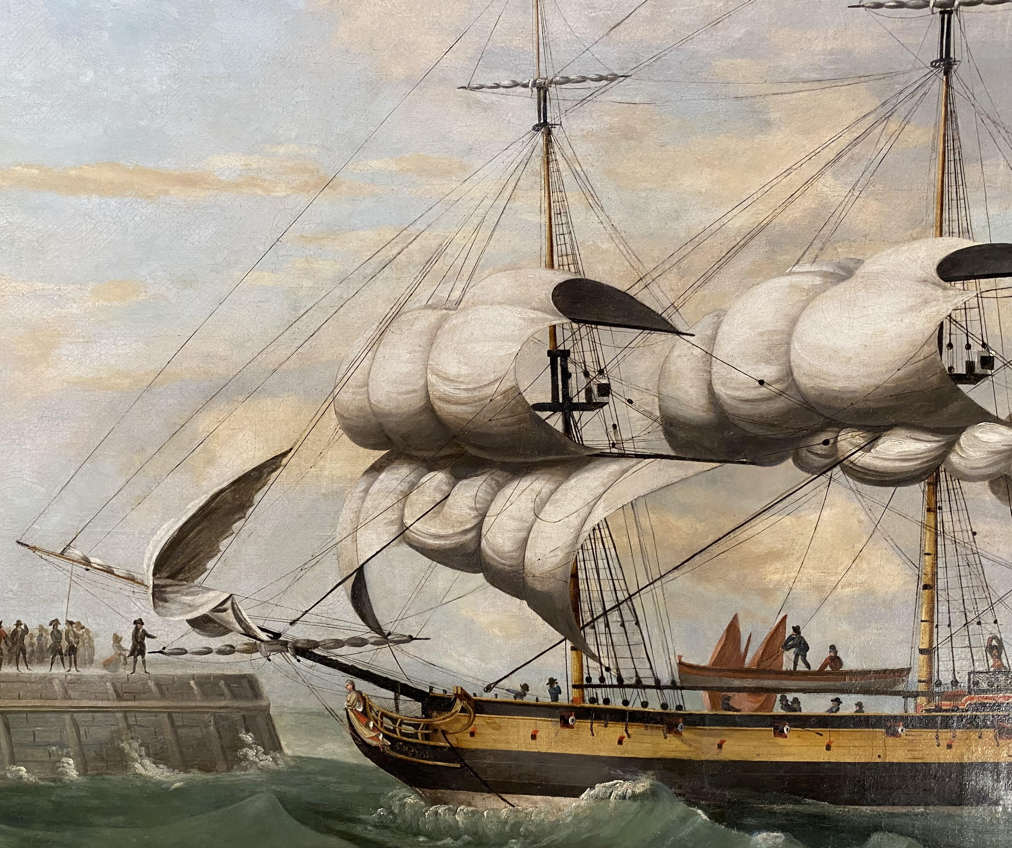 A large marine painting probably depicting a British East Indiaman ship returning from a voyage to the East, attributed to British artist Francis Holman (c1720-1790). Born in Ramsgate, England, Holman was immersed in the maritime world from a young