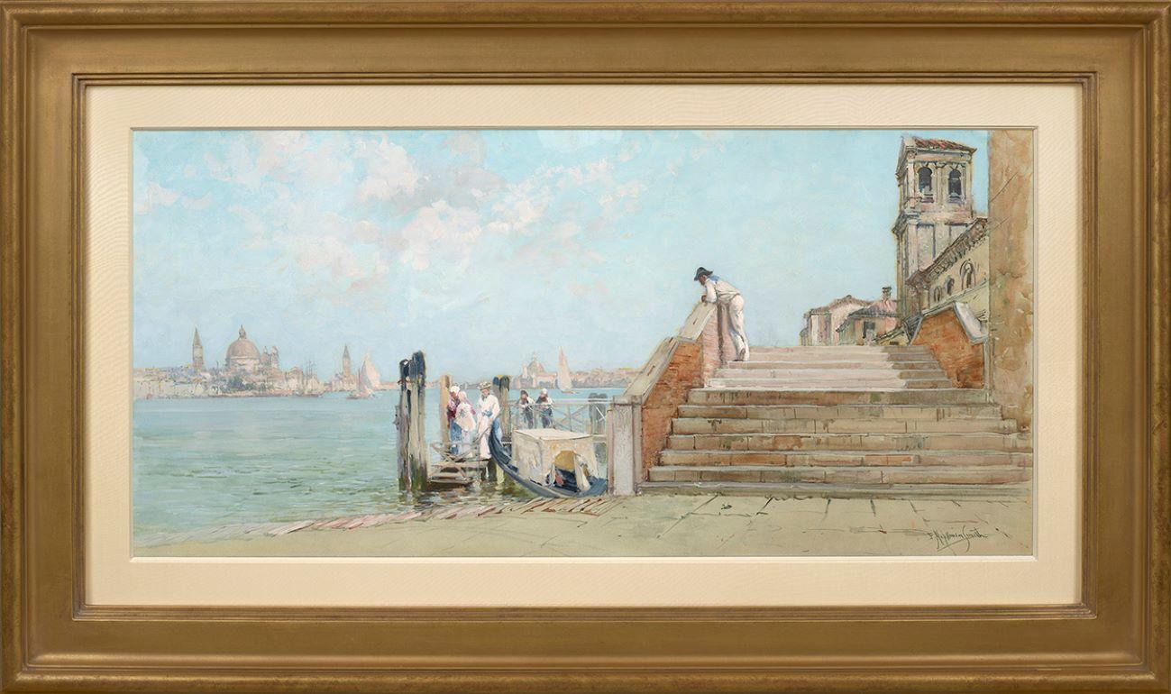 Francis Hopkinson Smith paints a watercolor of Venice with figures looking out onto the river with ships sailing by in his work entitled, “Venice (A View from the Ponte Sant’ Eufemia on the Giudecca)”