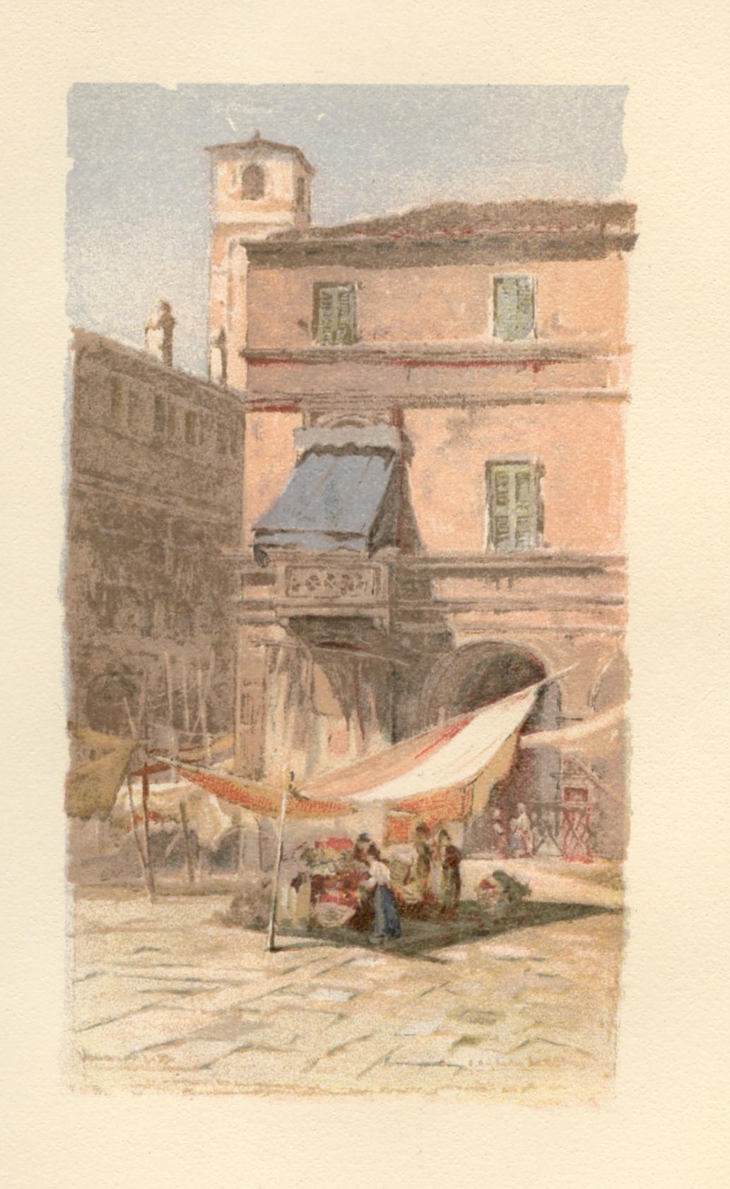 Medium: chromolithograph (after the watercolor). This delightful antique lithograph was published in a small edition in 1892 to illustrate a rare volume with scenes of Venetian life. A beautiful impression printed on cream wove paper. Image size: 4