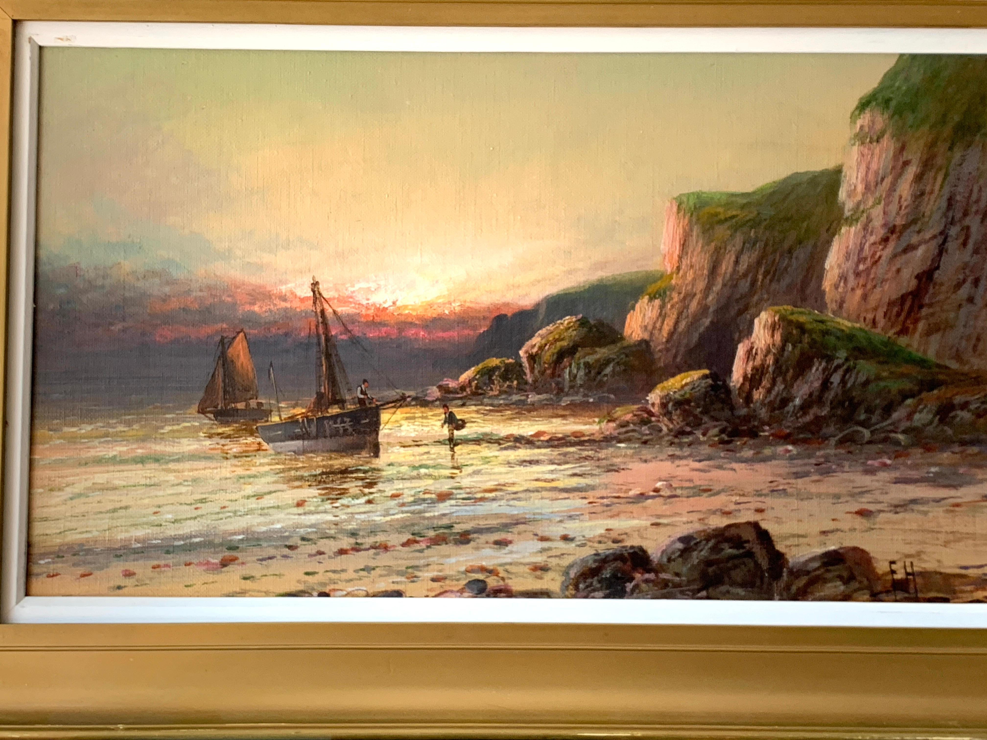 Antique oil painting of fishing boats on a beach at Sunset, landscape, English - Painting by Francis Howard