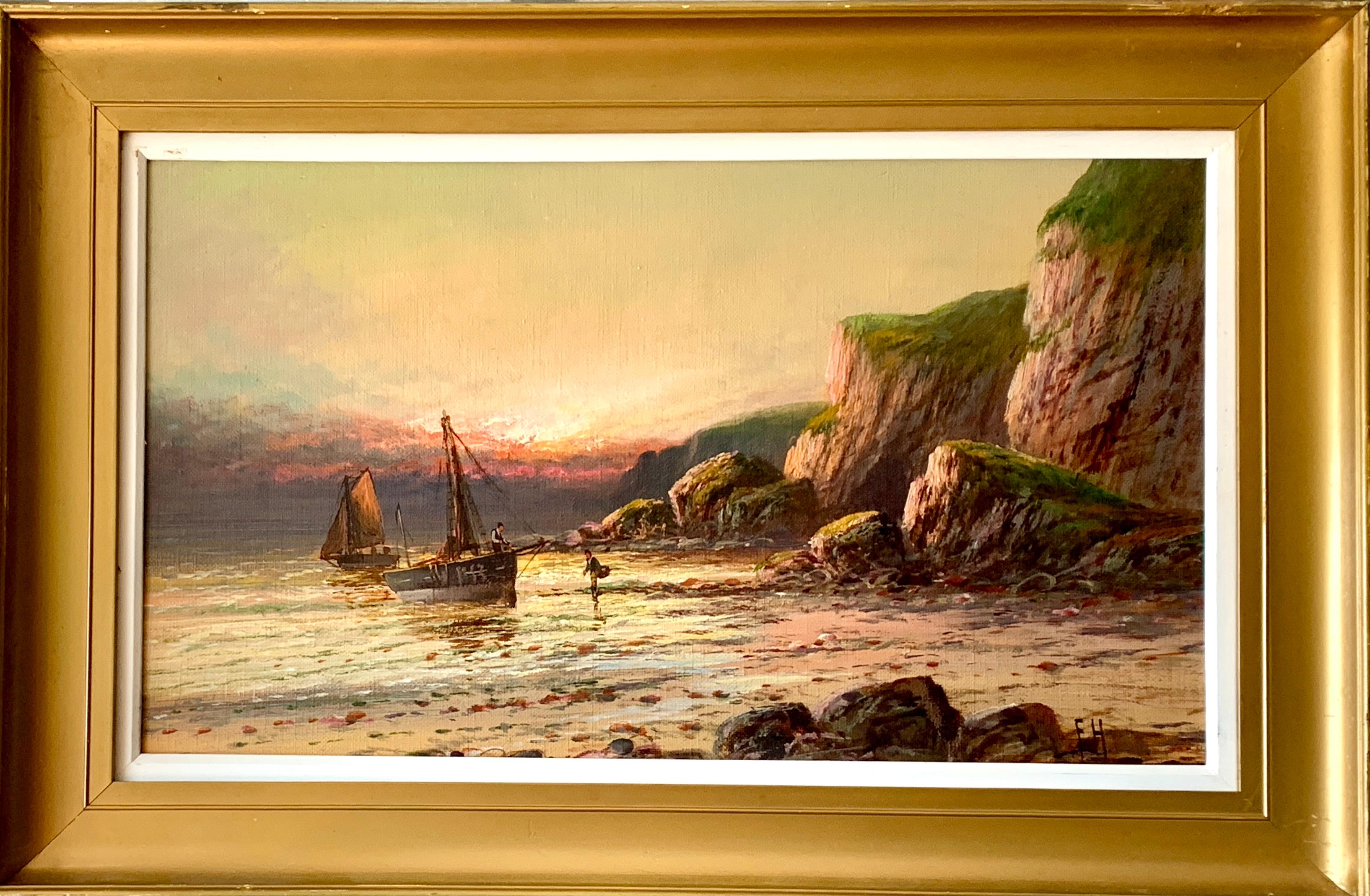 Francis Howard Figurative Painting - Antique oil painting of fishing boats on a beach at Sunset, landscape, English