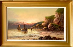 Antique oil painting of fishing boats on a beach at Sunset, landscape, English