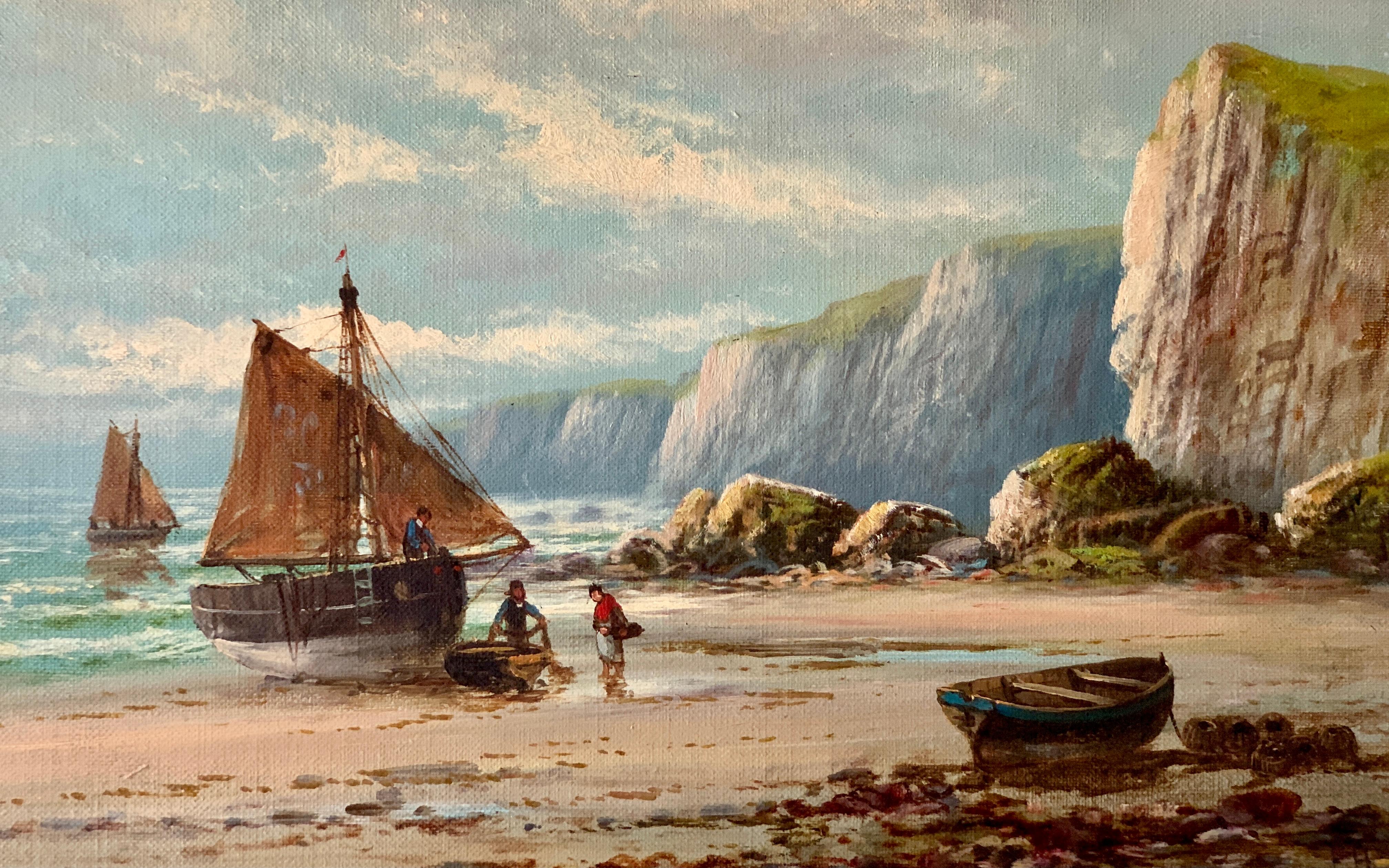 Antique  oil painting of fishing boats on a beach, landscape, English - Painting by Francis Howard