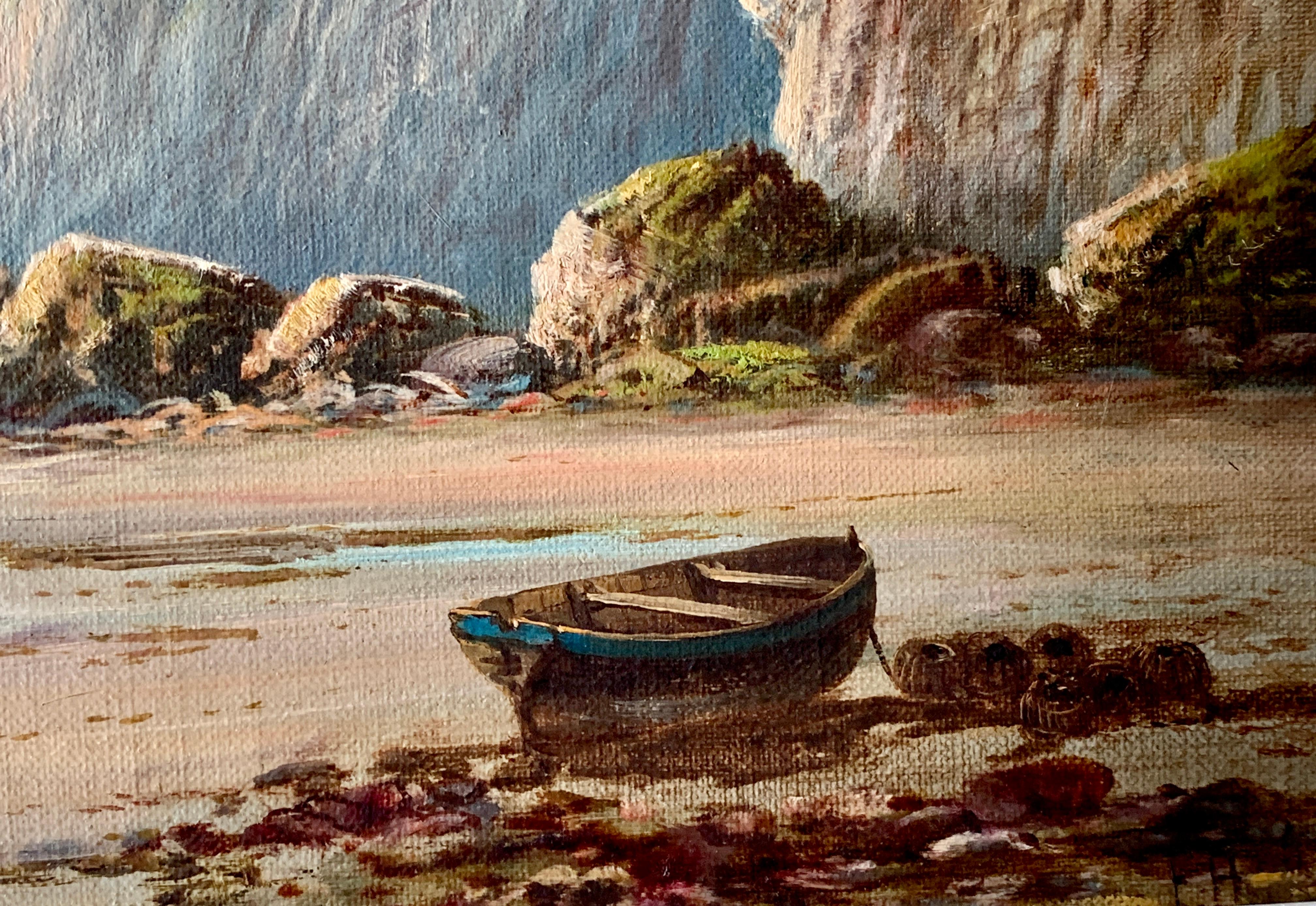 antique  Peinture à l'huile d'un paysage représentant des bateaux de pêche sur une plage, Anglais - Victorien Painting par Francis Howard