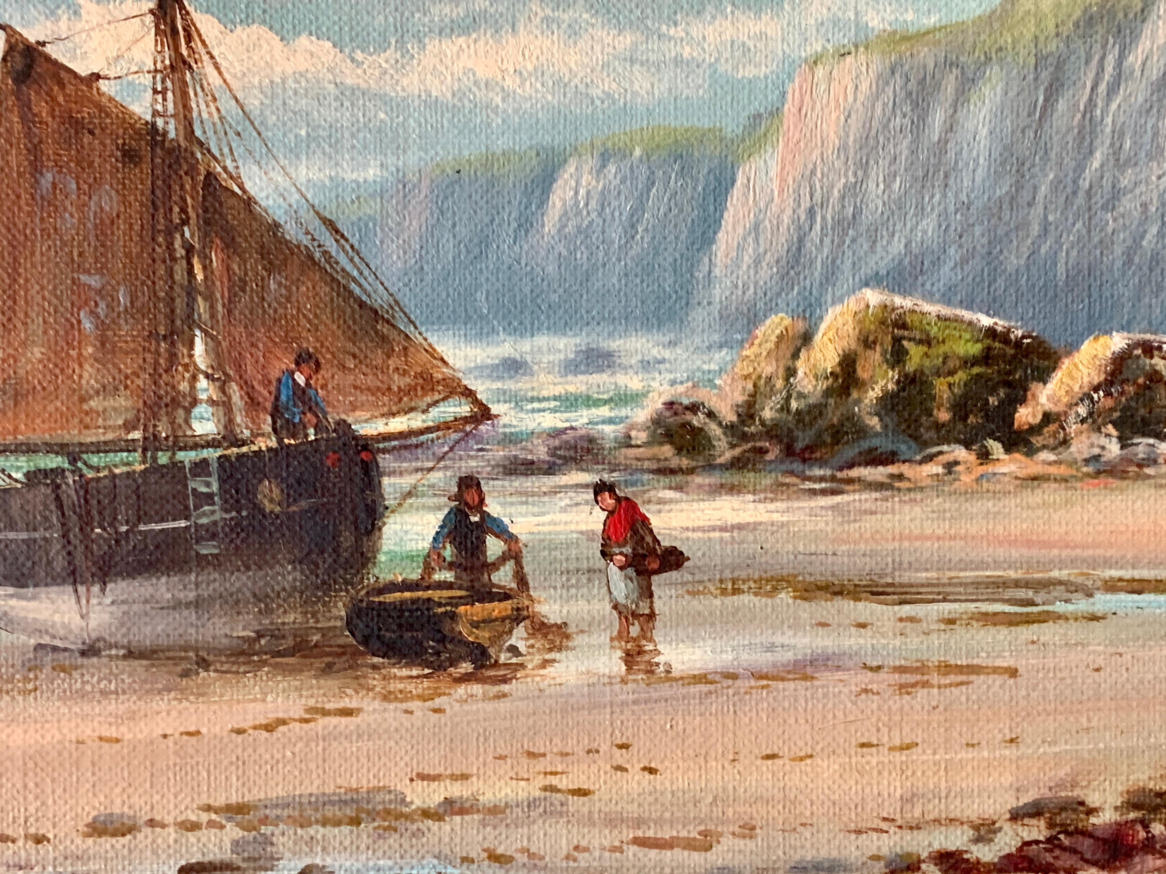 antique  Peinture à l'huile d'un paysage représentant des bateaux de pêche sur une plage, Anglais - Marron Figurative Painting par Francis Howard