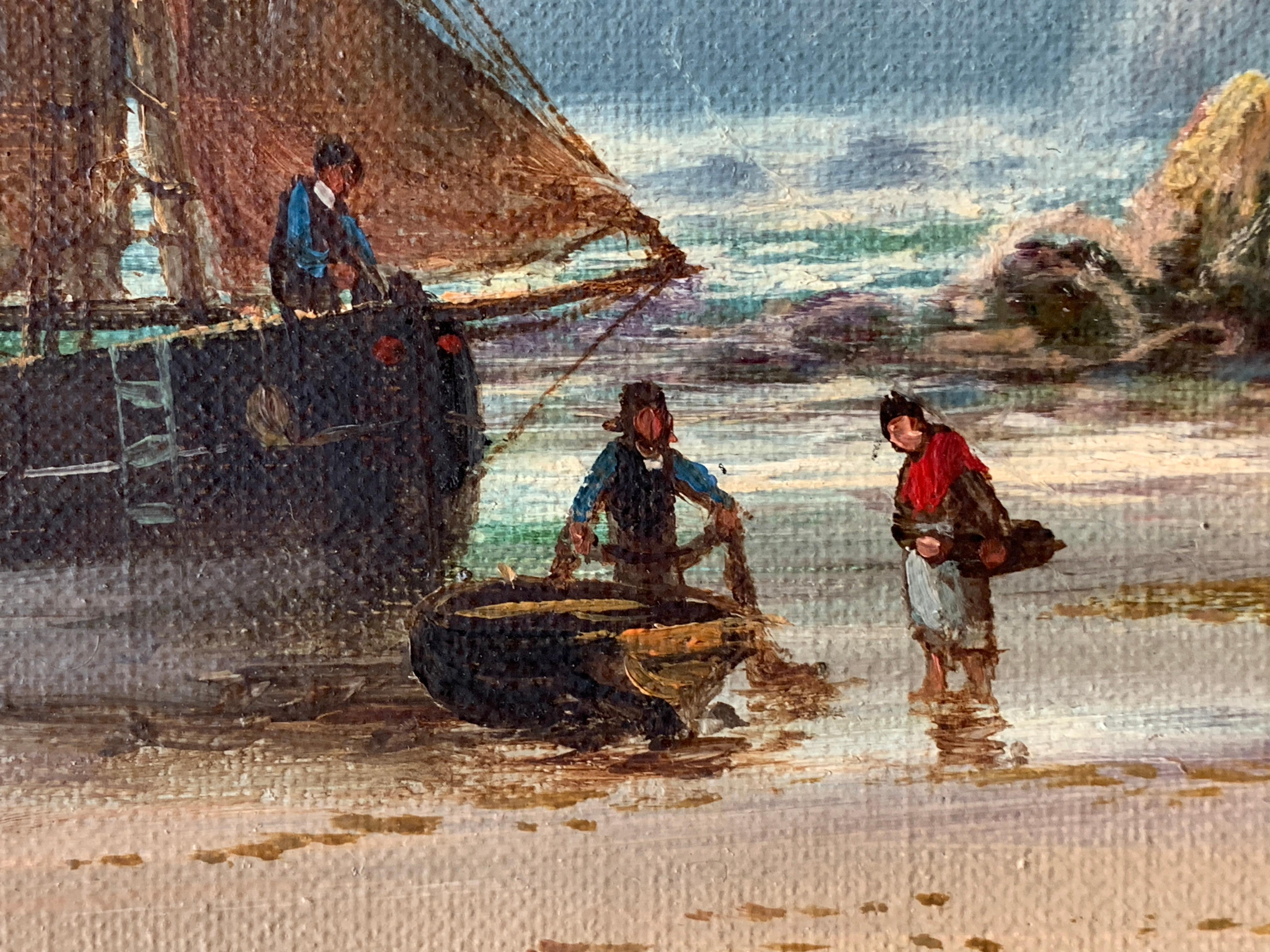 antique  Peinture à l'huile d'un paysage représentant des bateaux de pêche sur une plage, Anglais 1