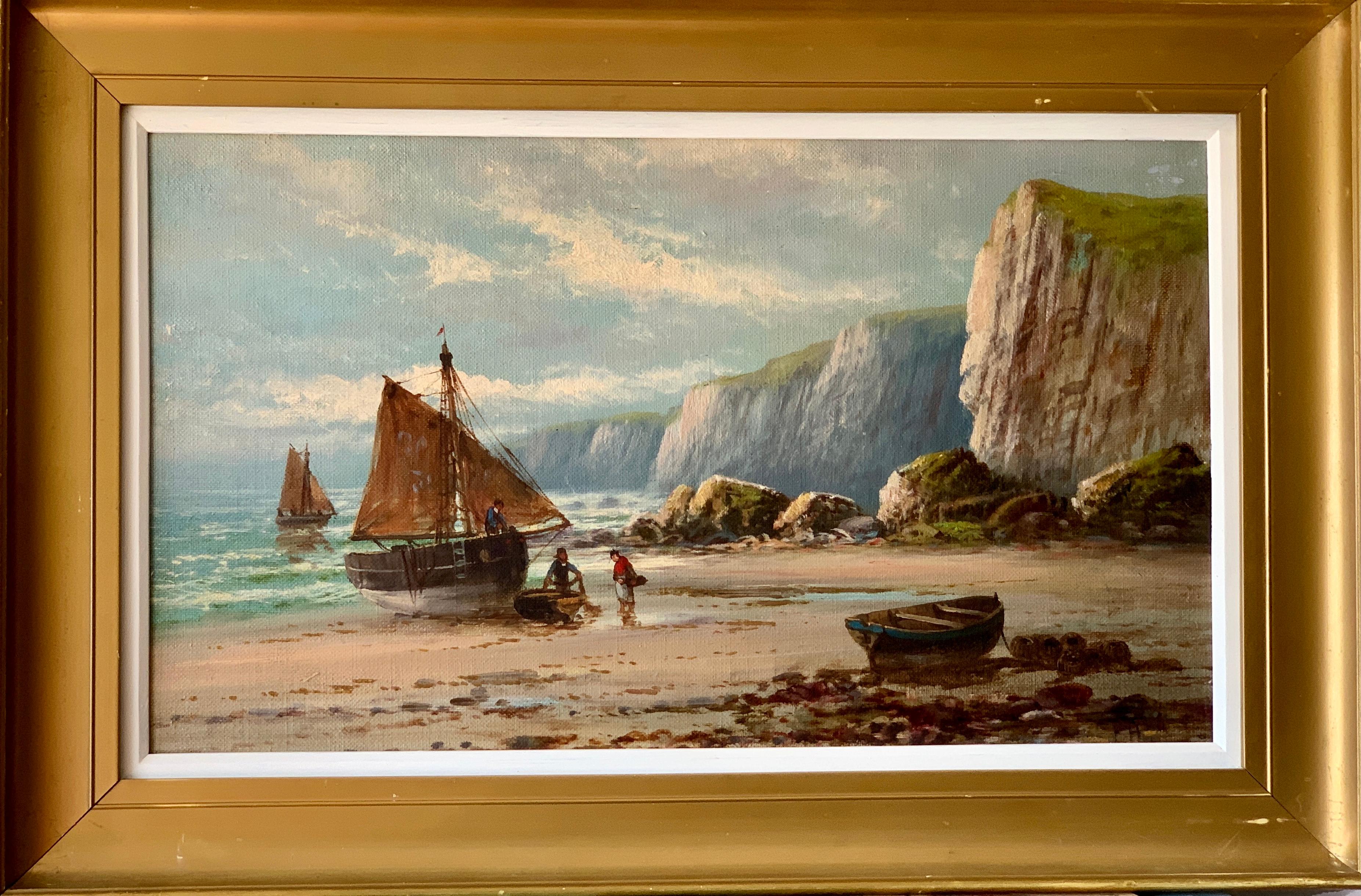 Figurative Painting Francis Howard - antique  Peinture à l'huile d'un paysage représentant des bateaux de pêche sur une plage, Anglais