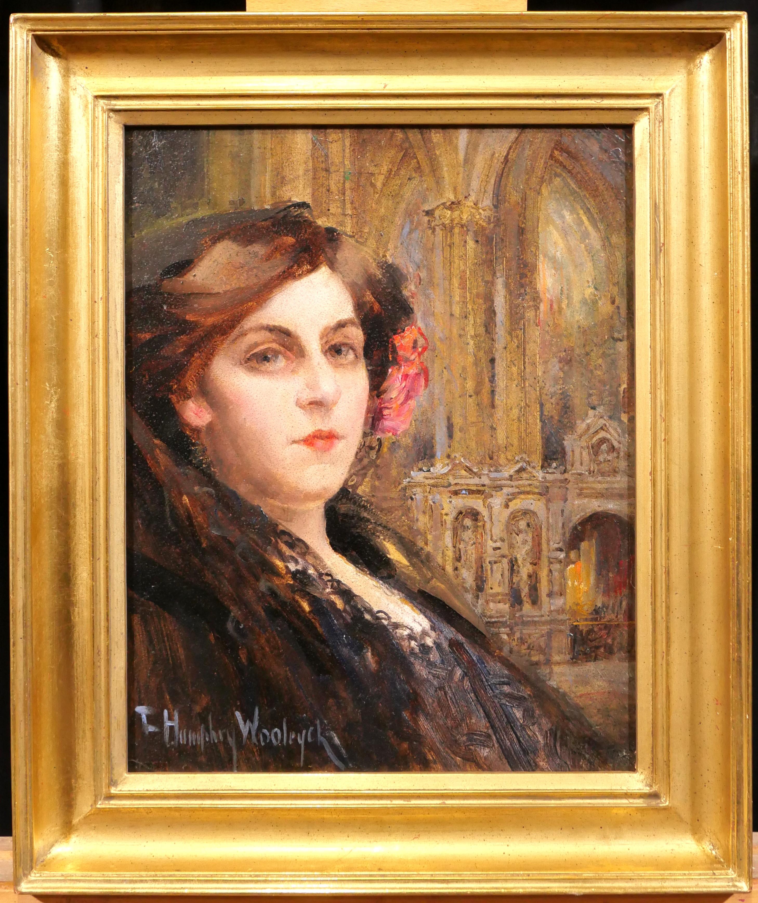 Portrait of a spanish woman in a church - Painting by Francis Humphrey Woolrych
