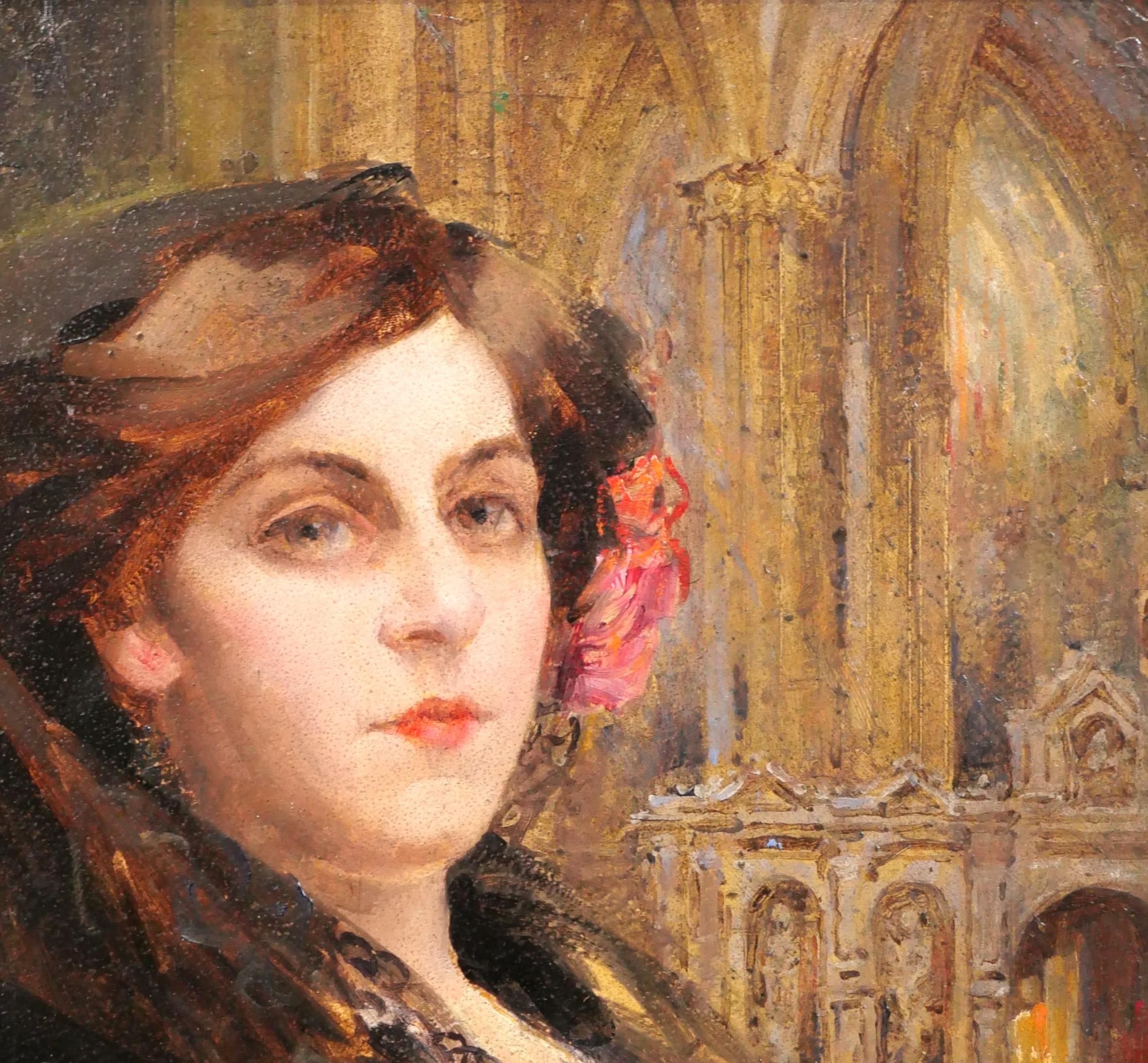 Portrait of a spanish woman in a church - Impressionist Painting by Francis Humphrey Woolrych
