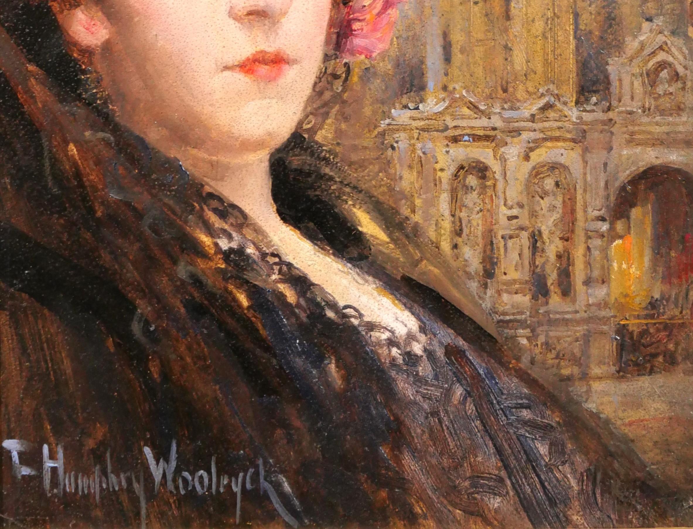 Francis Humphrey Woolrych
1868-1941, Américain
Portrait d'une femme espagnole dans une église
Peinture, huile sur papier collé sur panneau dur
Signé
Peinture : 25,5 x 32,5 cm (10 x 12,8 pouces)
Cadre : 34 x 40,5 cm (13,4 x 15,9 pouces)
Bon