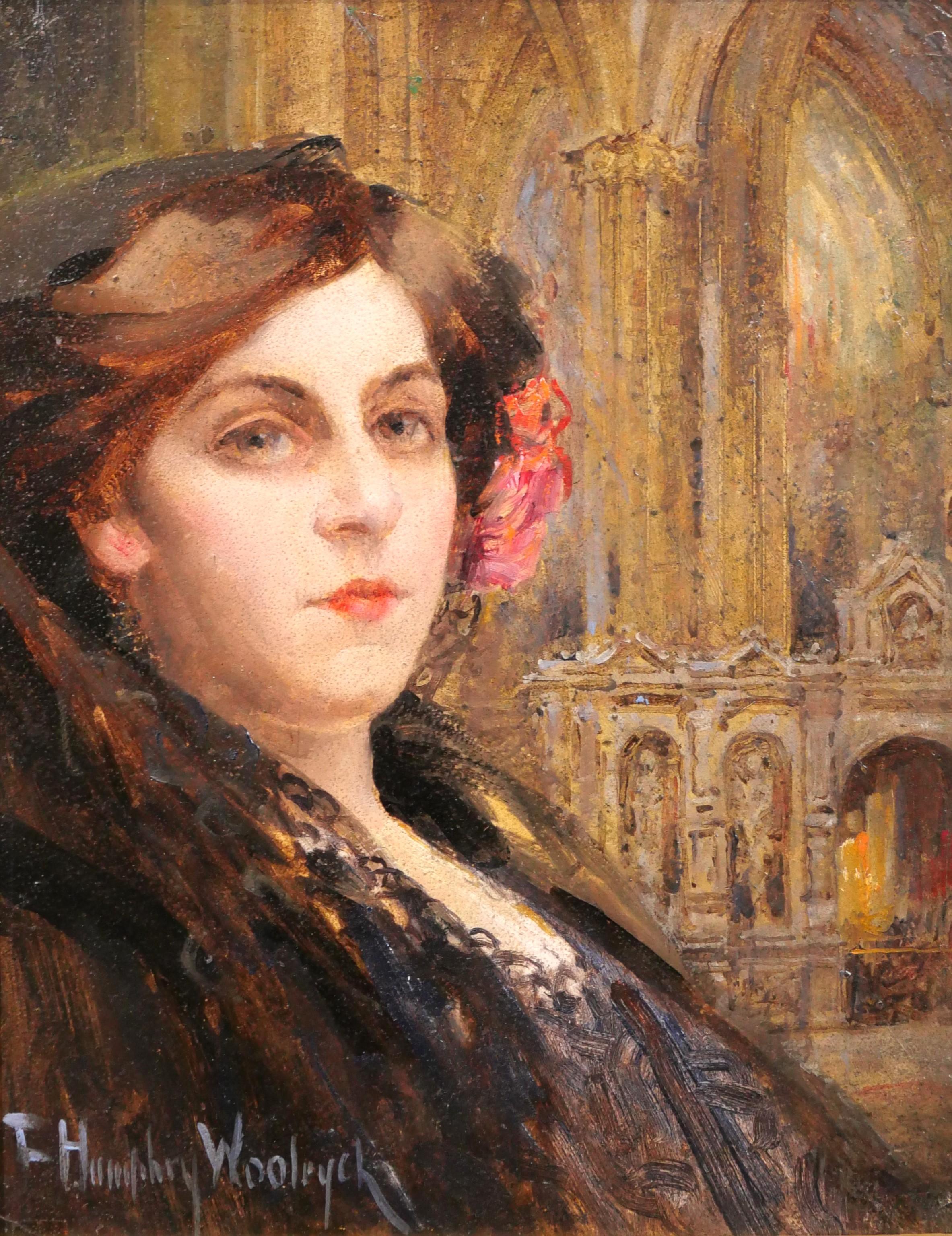 Francis Humphrey Woolrych Portrait Painting - Portrait of a spanish woman in a church