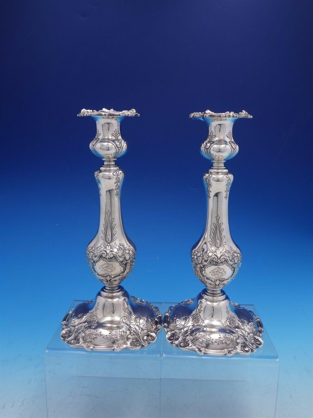 Reed & Barton

Francis I Old by Reed & Barton monogrammed pair of weighted sterling silver hand chased candlestick holders marked #570A. They measure 10