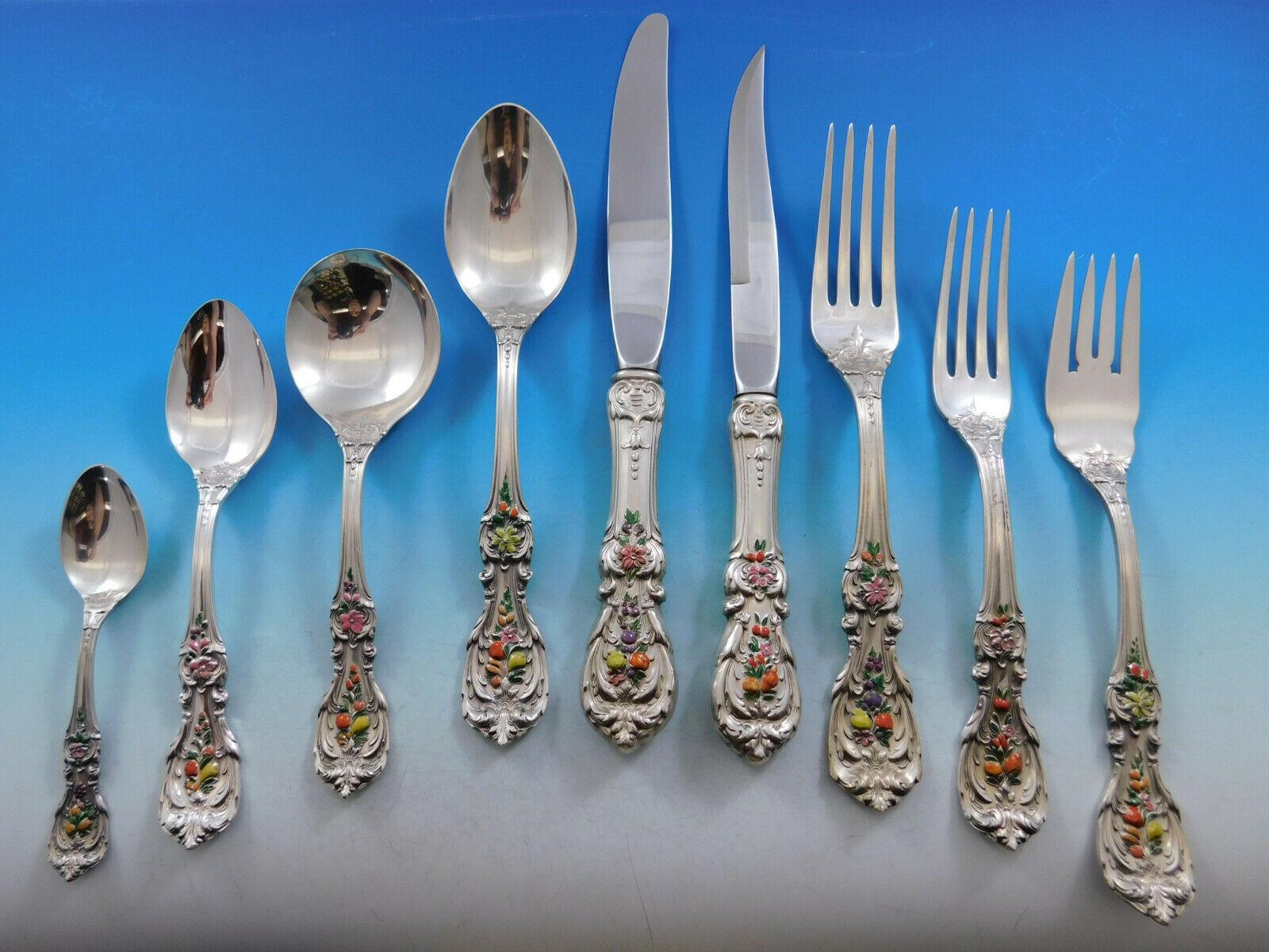 Monumental rare enameled dinner size Francis I by Reed & Barton Sterling silver flatware set, 119 pieces. The fruit and flowers are beautifully enameled! This set includes:

12 dinner size knives, 9 1/2
