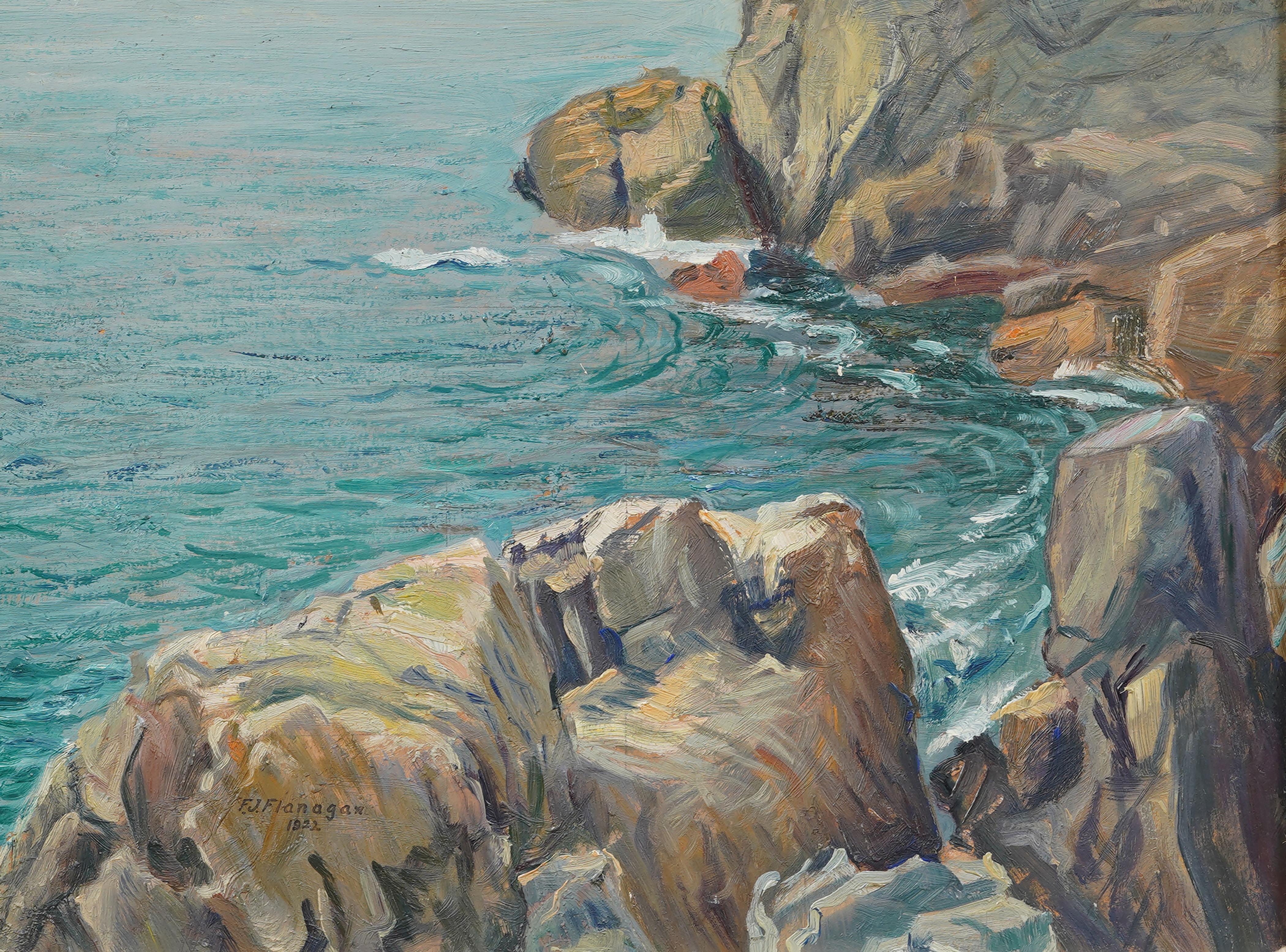 Antike amerikanische Impressionisten Marblehead Mass Küste Seelandschaft Ölgemälde (Braun), Landscape Painting, von Francis J. Flanagan (fl.1897 - 1928)