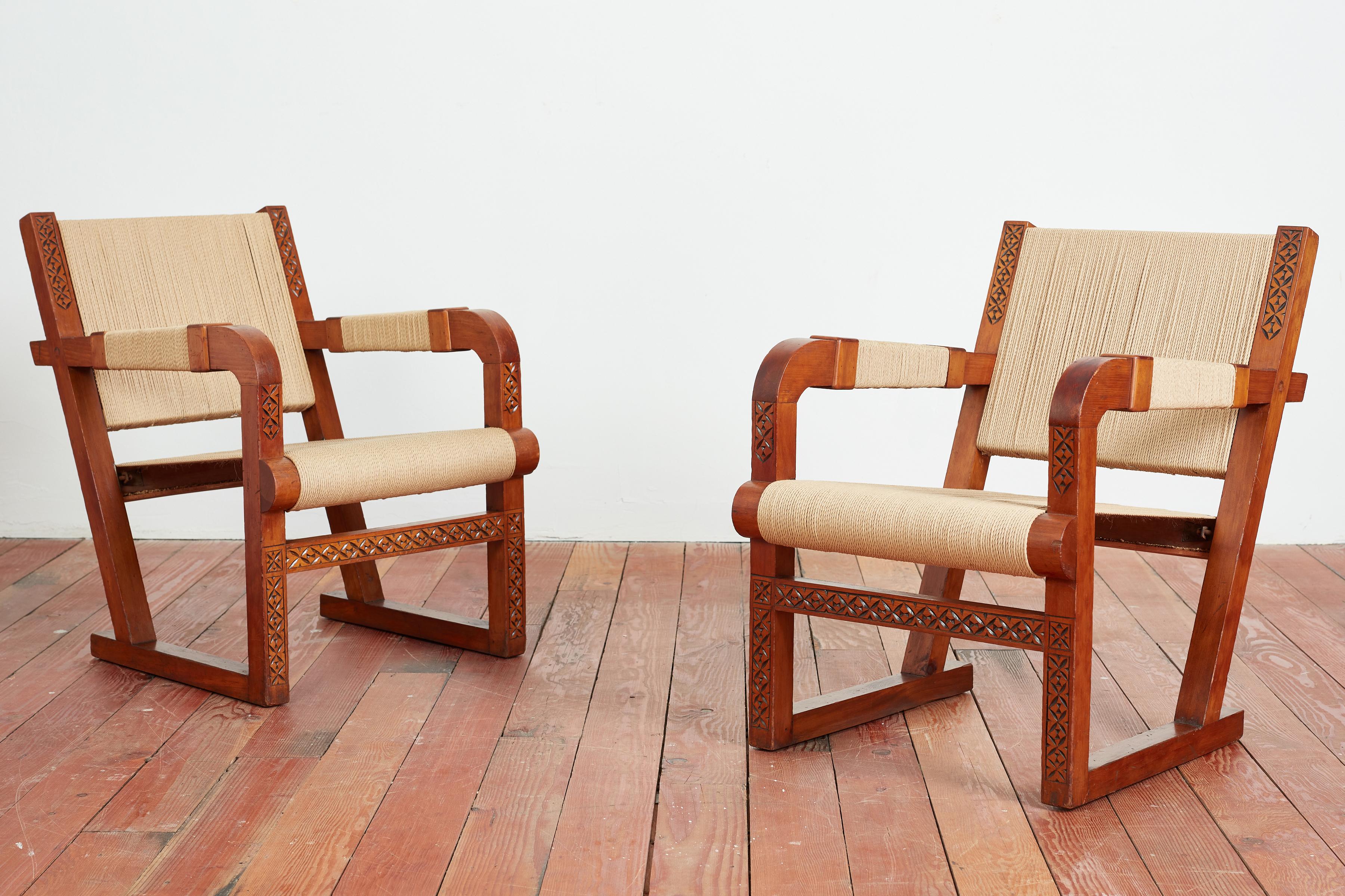Pair of Francis Jourdain chairs
France, 1940's
Bentwood oak arms with top seat, back and arms
Oak frame has hand carved detailing throughout a
Great from ever angle with wonderful patina.
Rope is newly re-done in France 