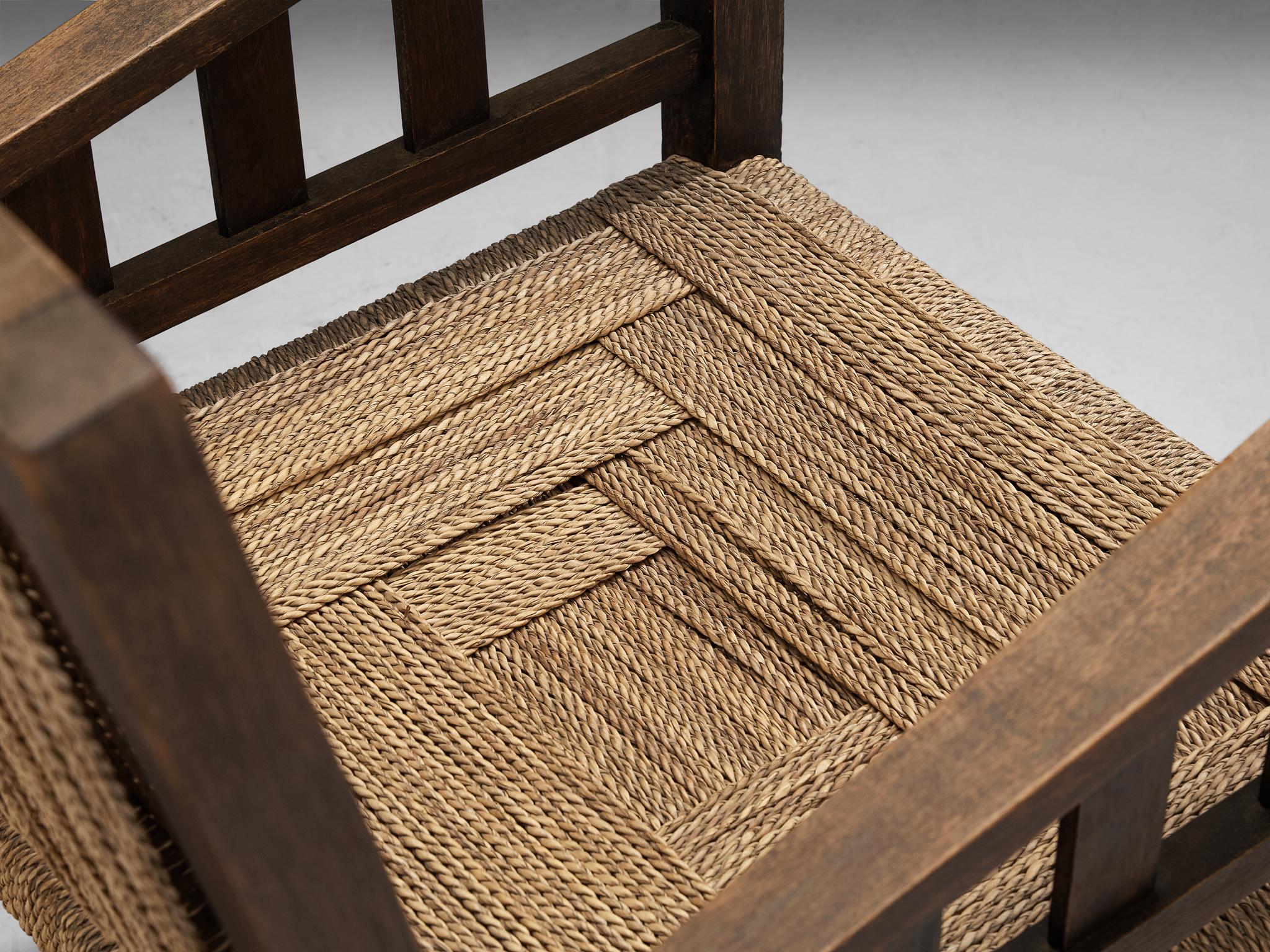 French Francis Jourdain Lounge Chair in Woven Straw and Wood For Sale