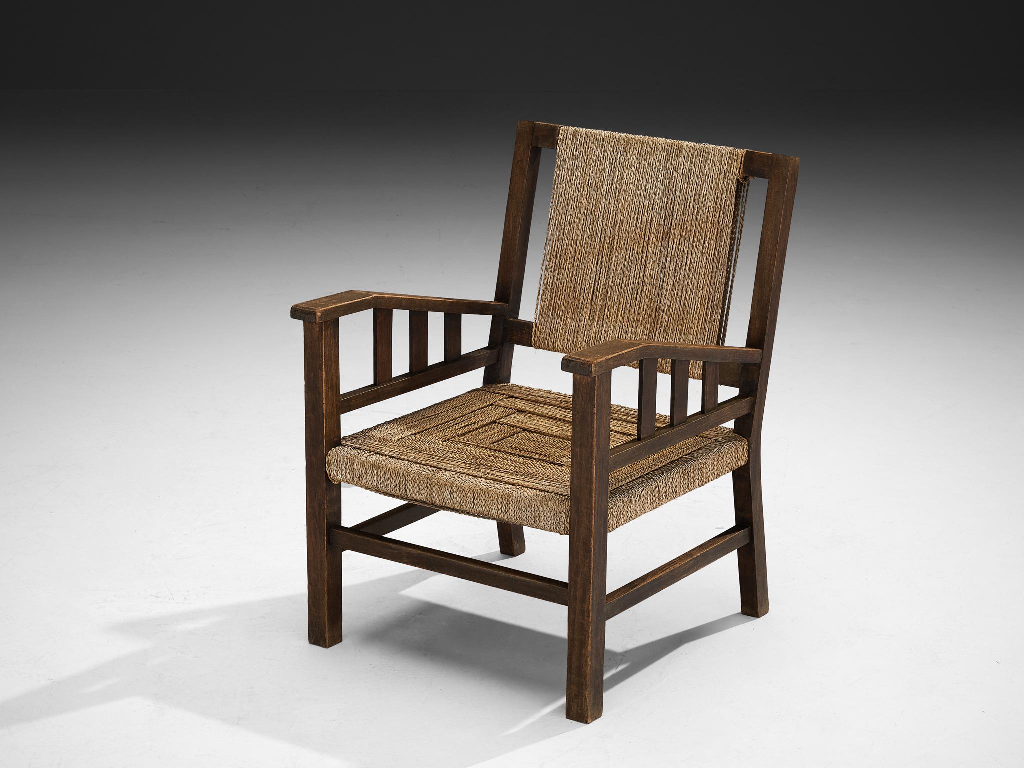 Francis Jourdain Lounge Chair in Woven Straw and Wood In Good Condition For Sale In Waalwijk, NL