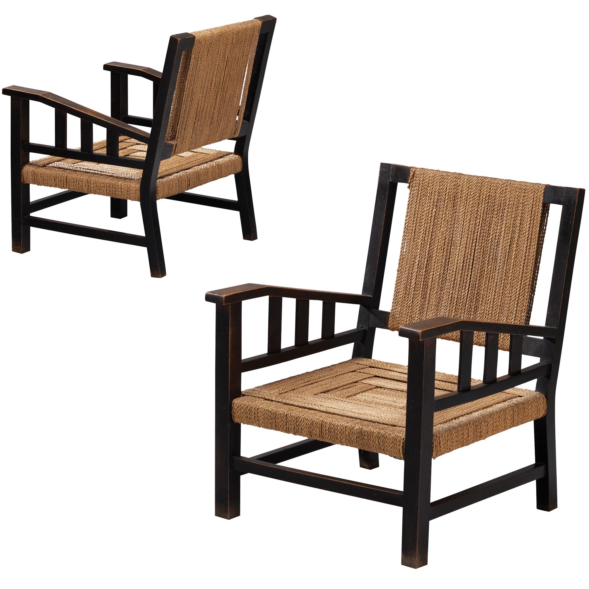 Francis Jourdain Lounge Chairs aus Binsengeflecht und Holz