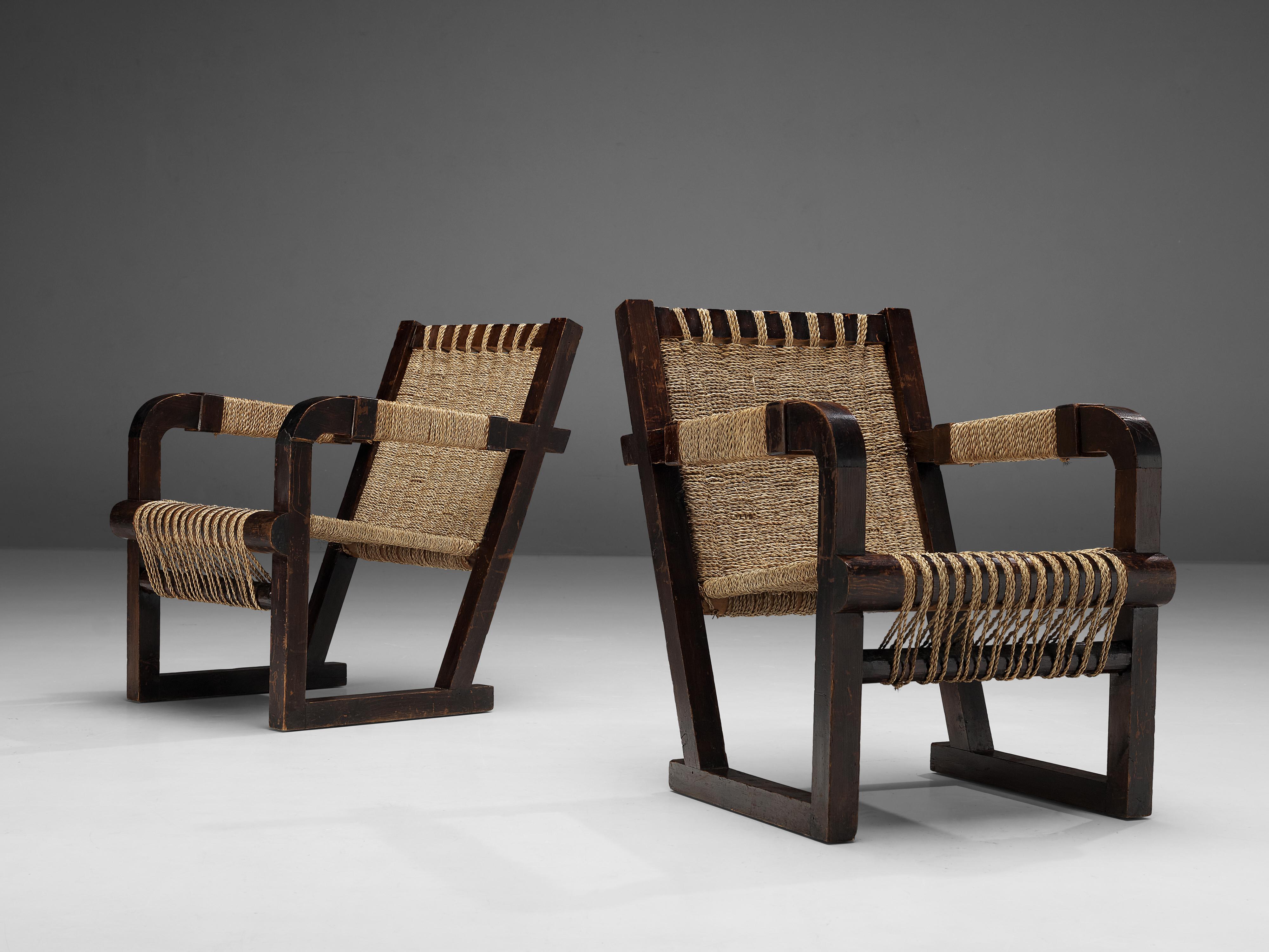 French Francis Jourdain Pair of Lounge Chair with Woven Details