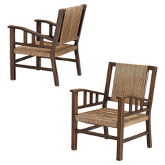 Francis Jourdain Paire de chaises longues en paille tressée et Wood