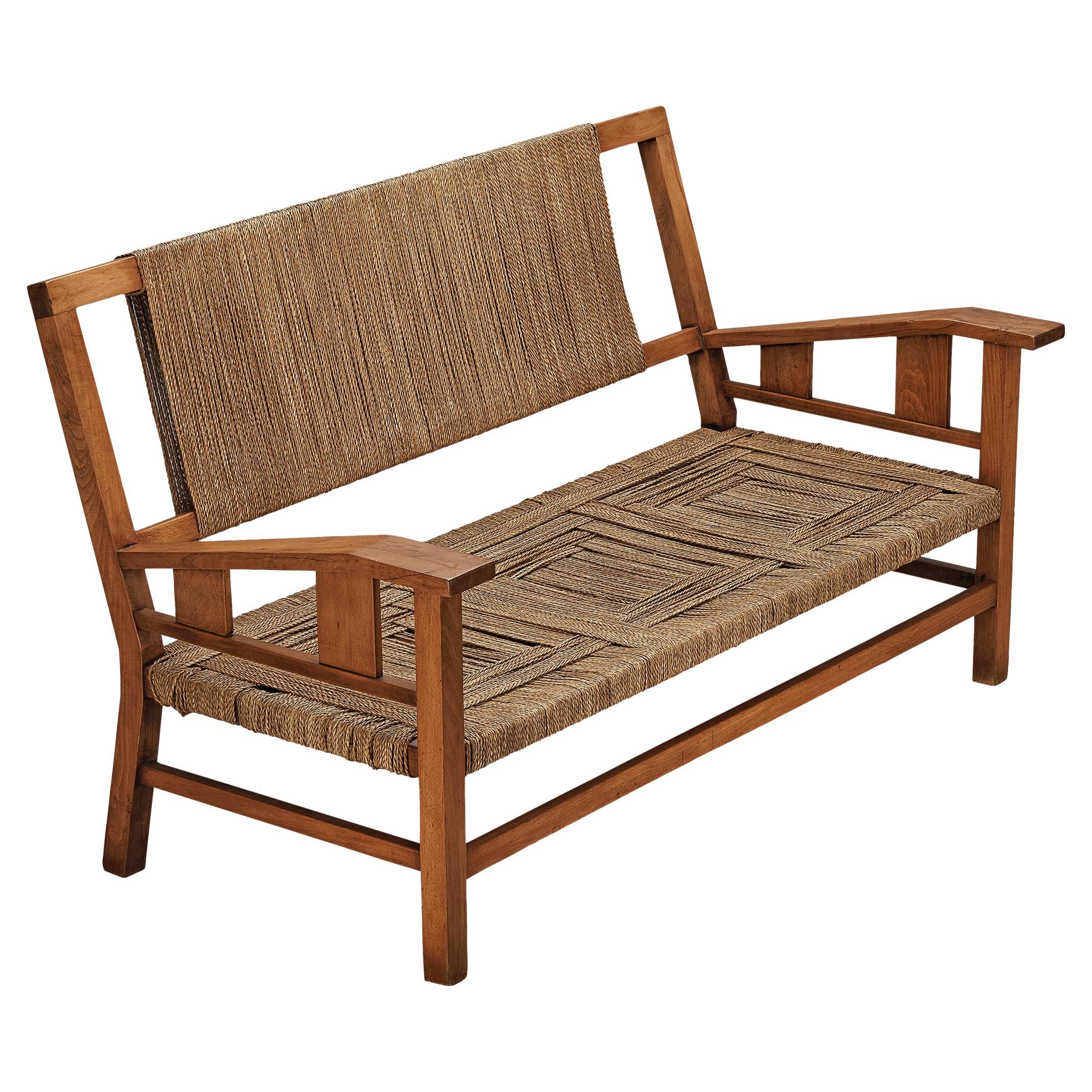 Francis Jourdain Sofa or Bench in Woven Straw and Wood  For Sale