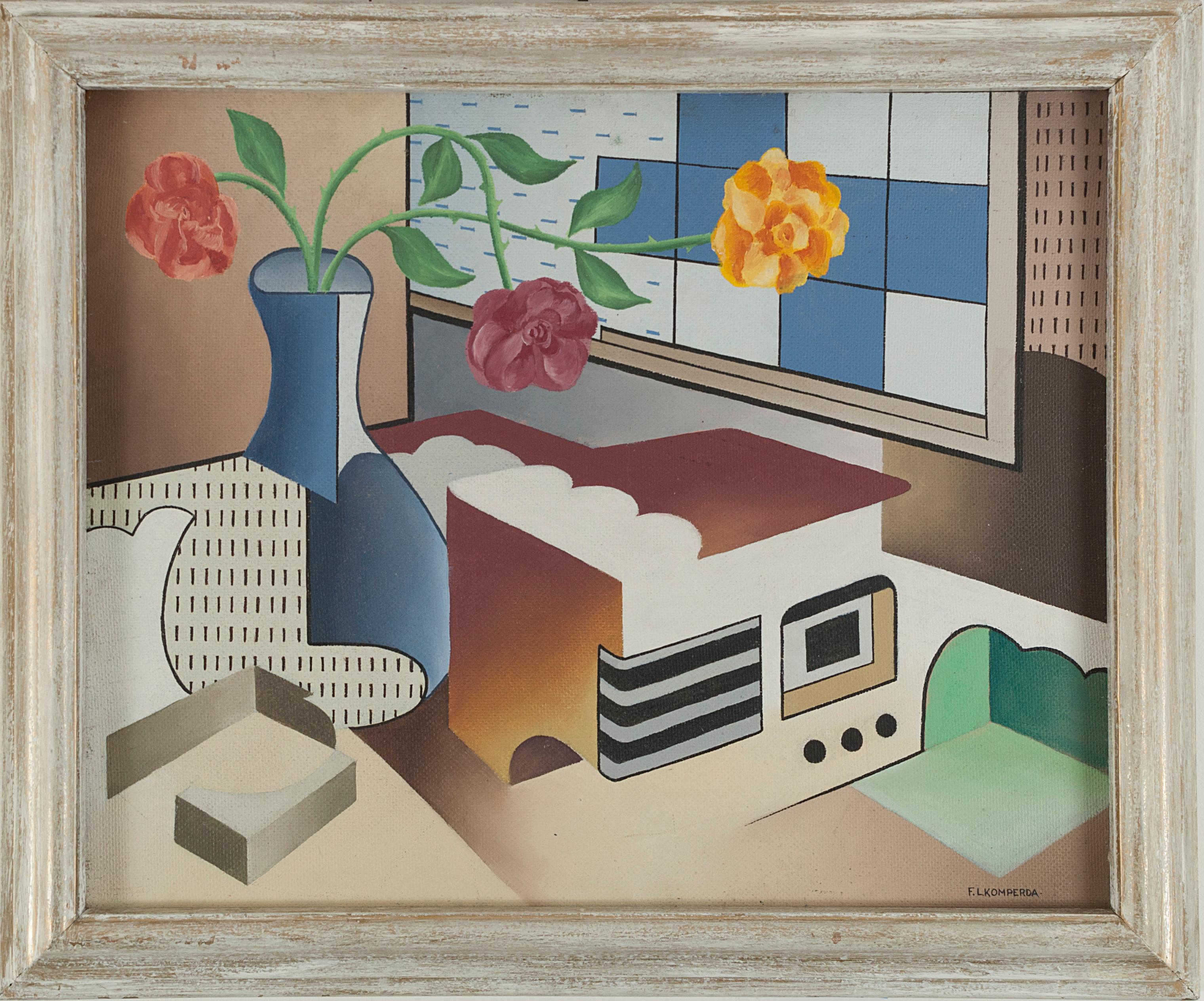 Francis Komperda Still-Life Painting - Precisionist Still Life with Flower and Radio