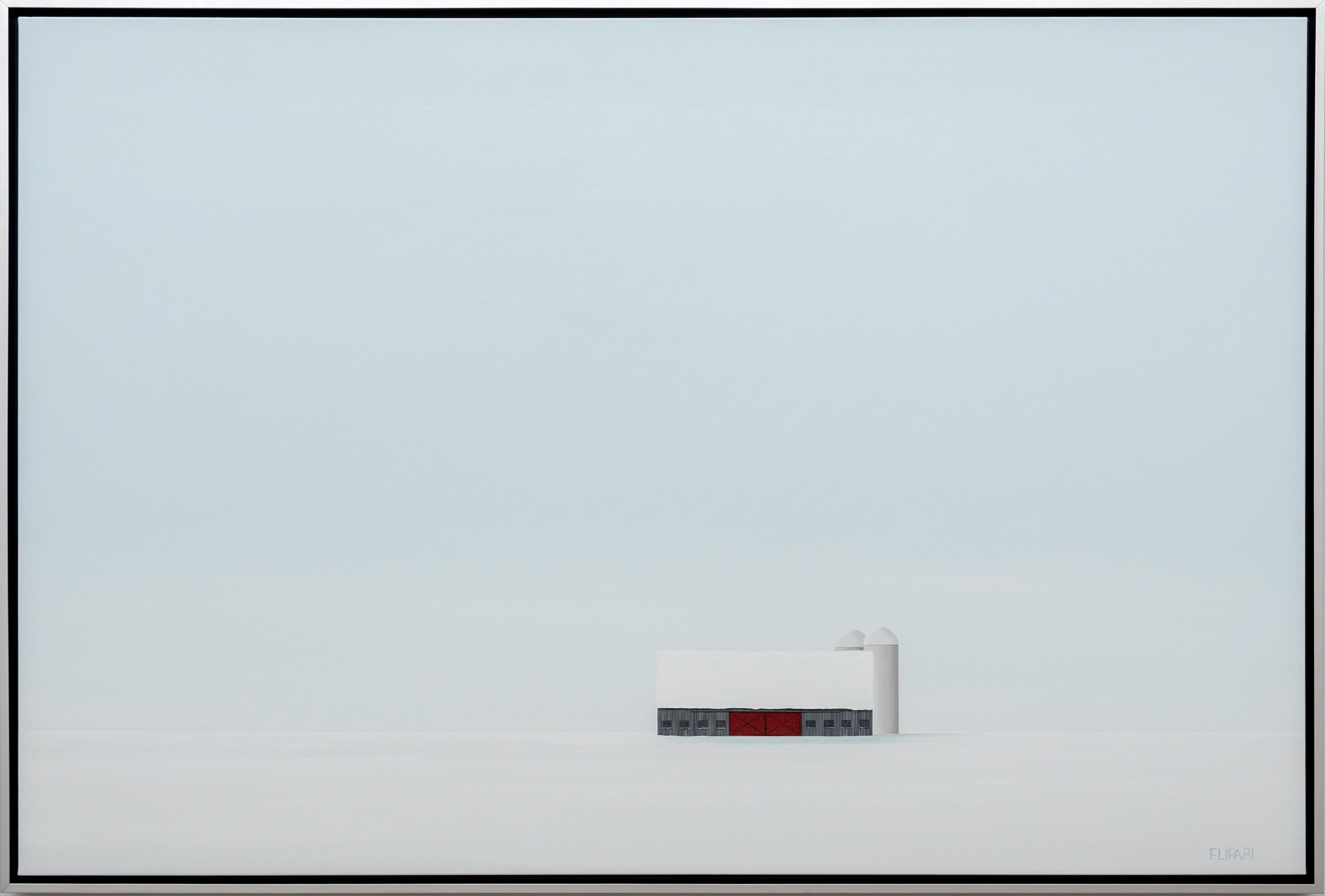 Francis Lipari Landscape Painting - Outlying - minimalist, serene, white, snowy, realist barn scene, acrylic canvas