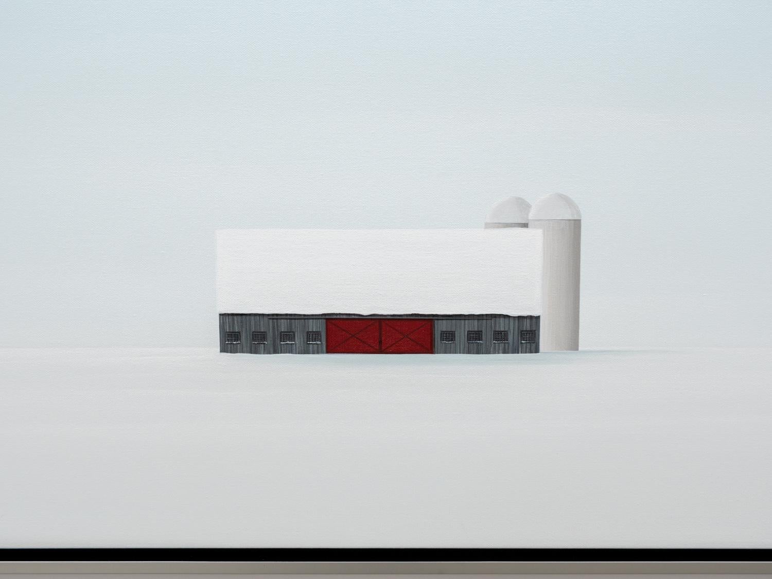 Outlying - minimalist, serene, white, snowy, realist barn scene, acrylic canvas - Painting by Francis Lipari