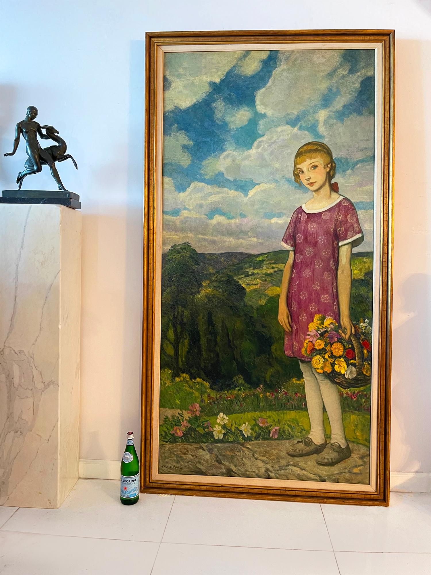 Figurative Painting Francis Luis Mora - Jeune fille blonde avec panier de fleurs "Rosemary's Playmate"