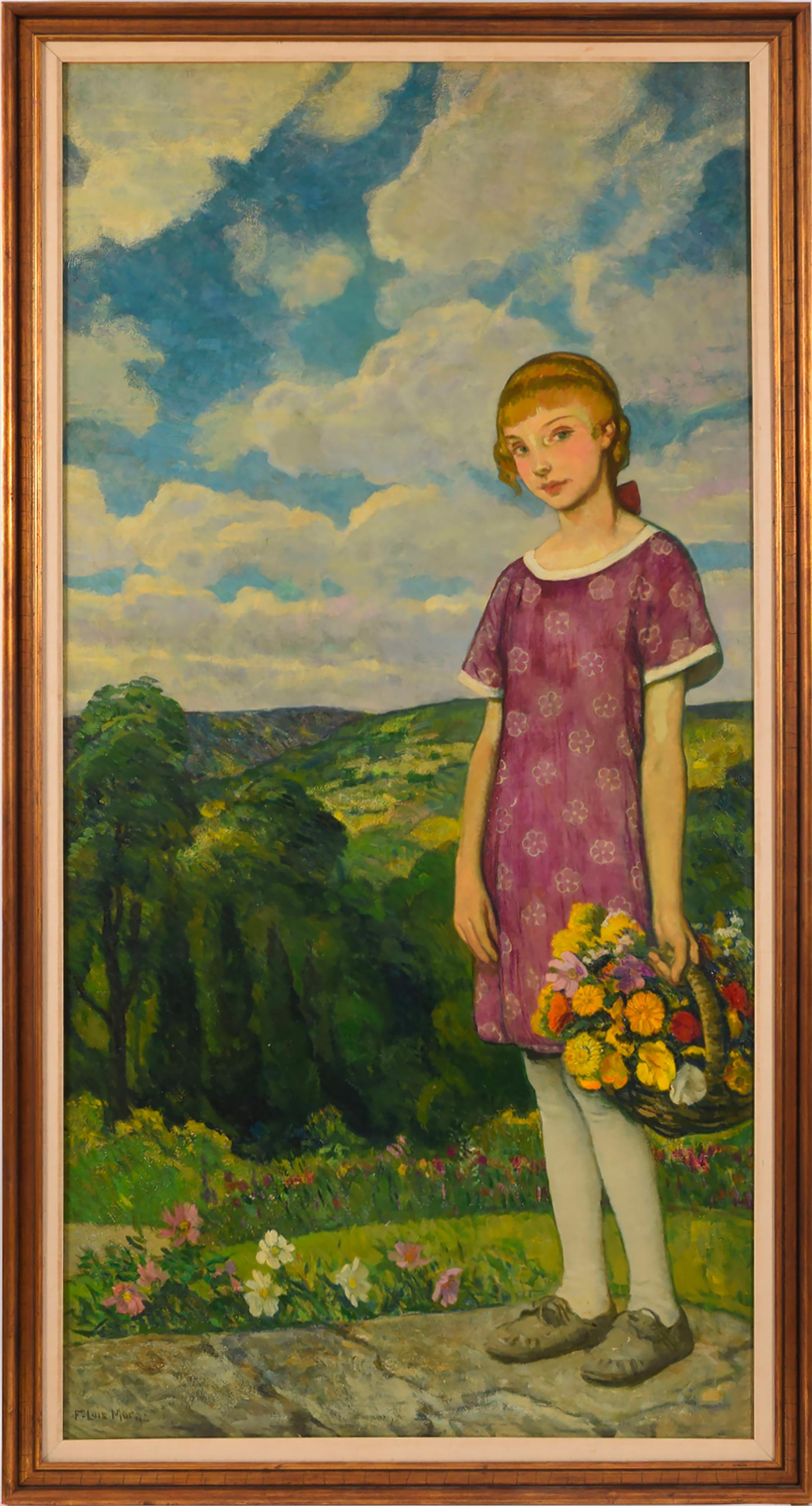 Jeune fille blonde avec panier de fleurs 