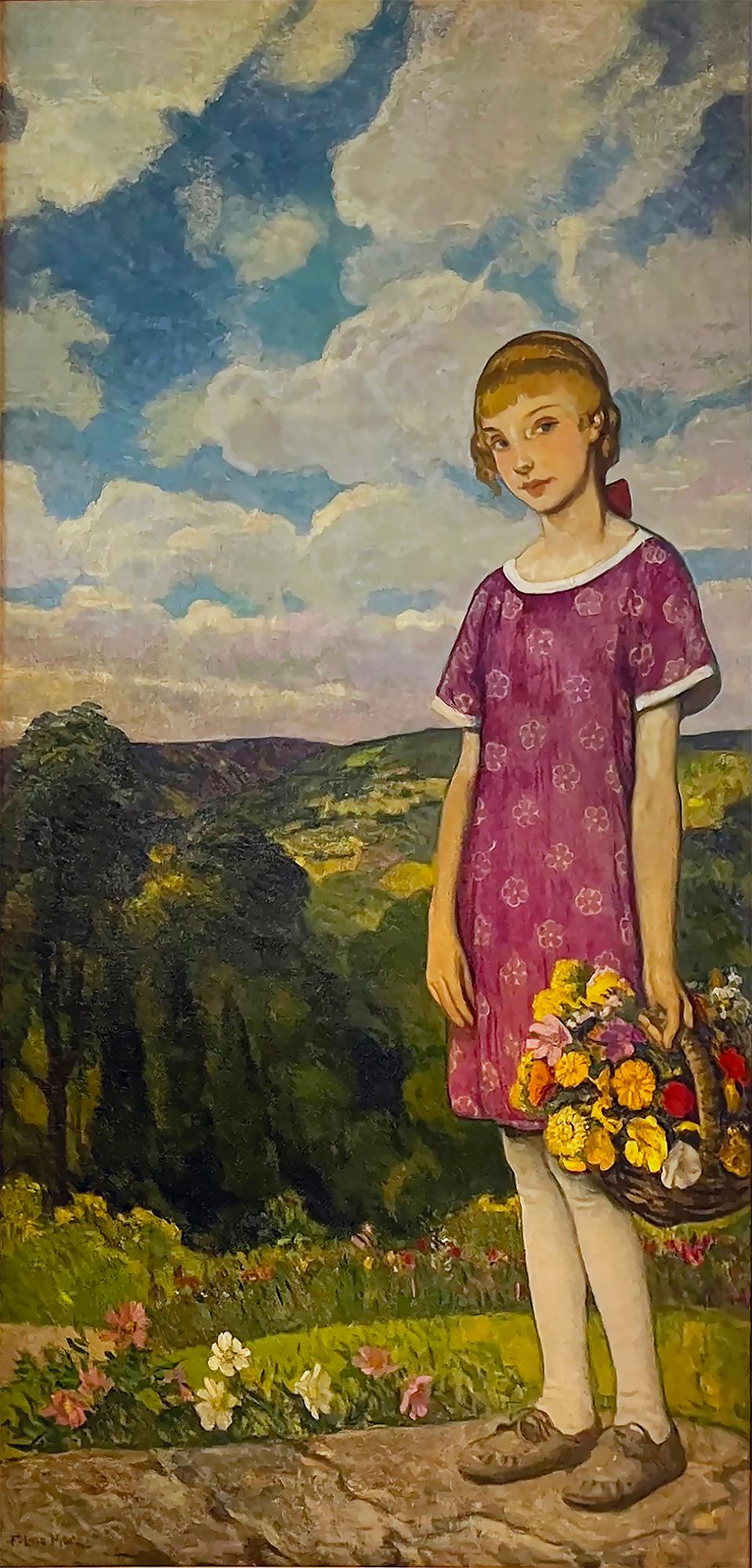 Jeune fille blonde avec panier de fleurs 