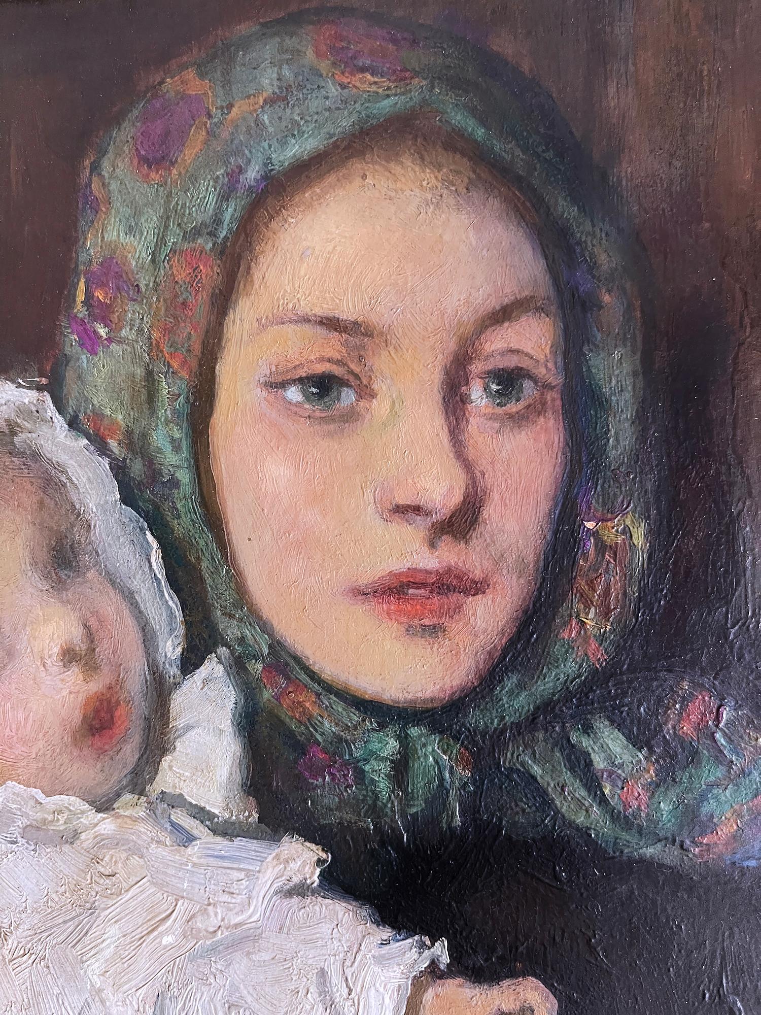 Mère et enfant - Marron Portrait Painting par Francis Luis Mora