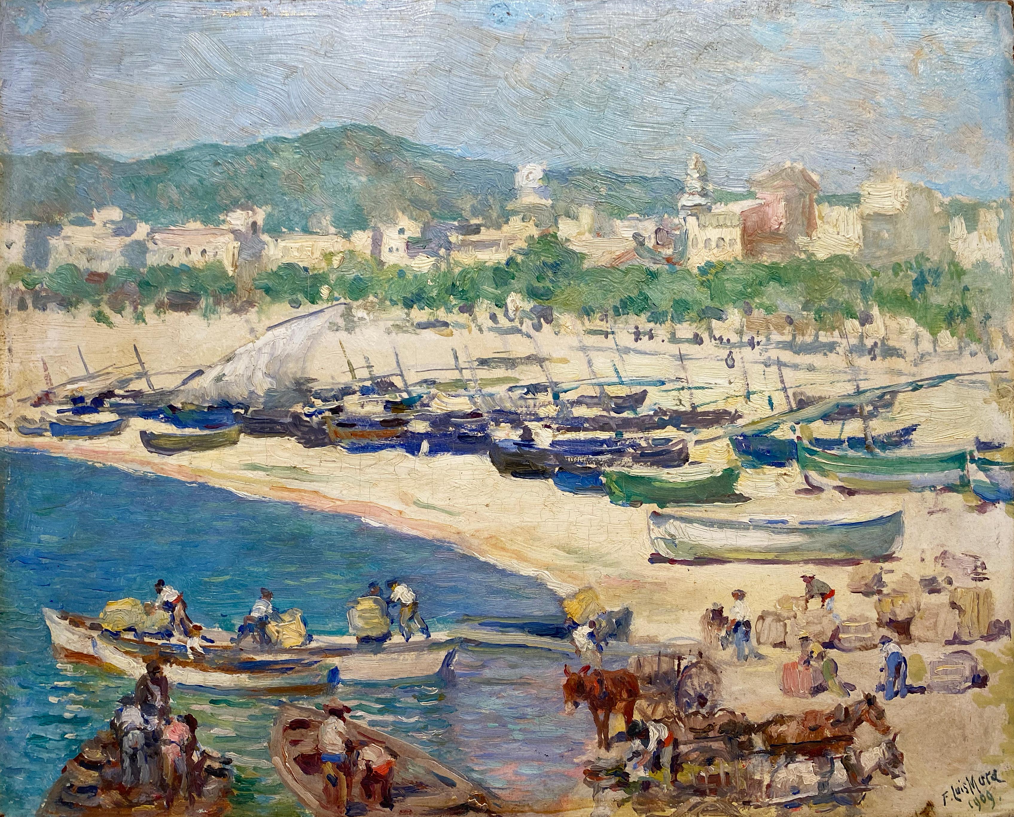 Playa con Llüats, Strand und Boote – Painting von Francis Luis Mora