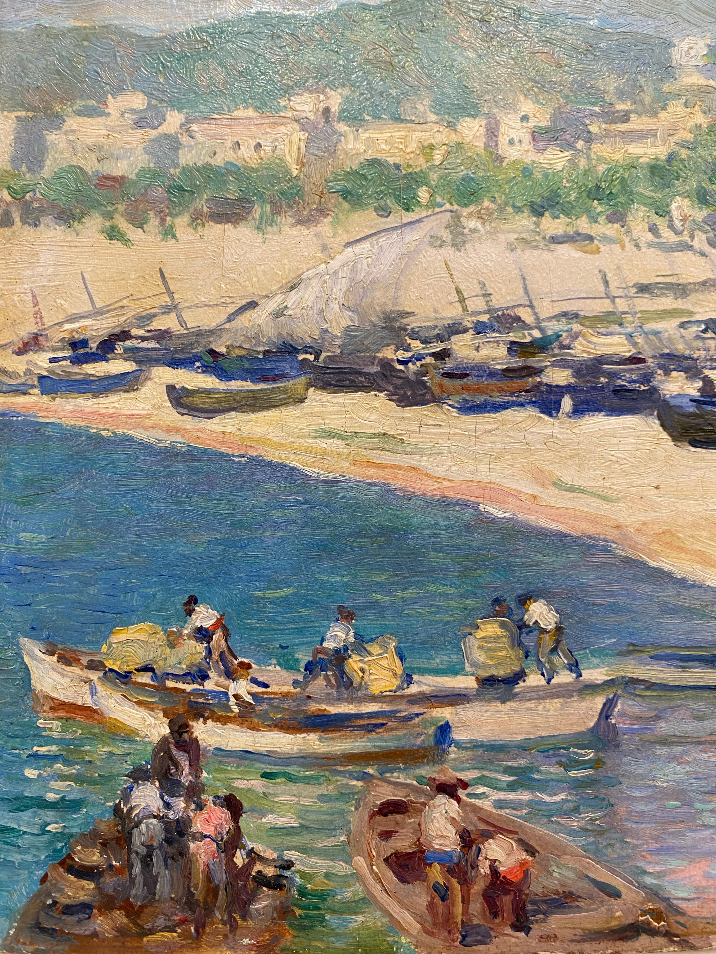 Playa con Llüats, Strand und Boote (Braun), Landscape Painting, von Francis Luis Mora