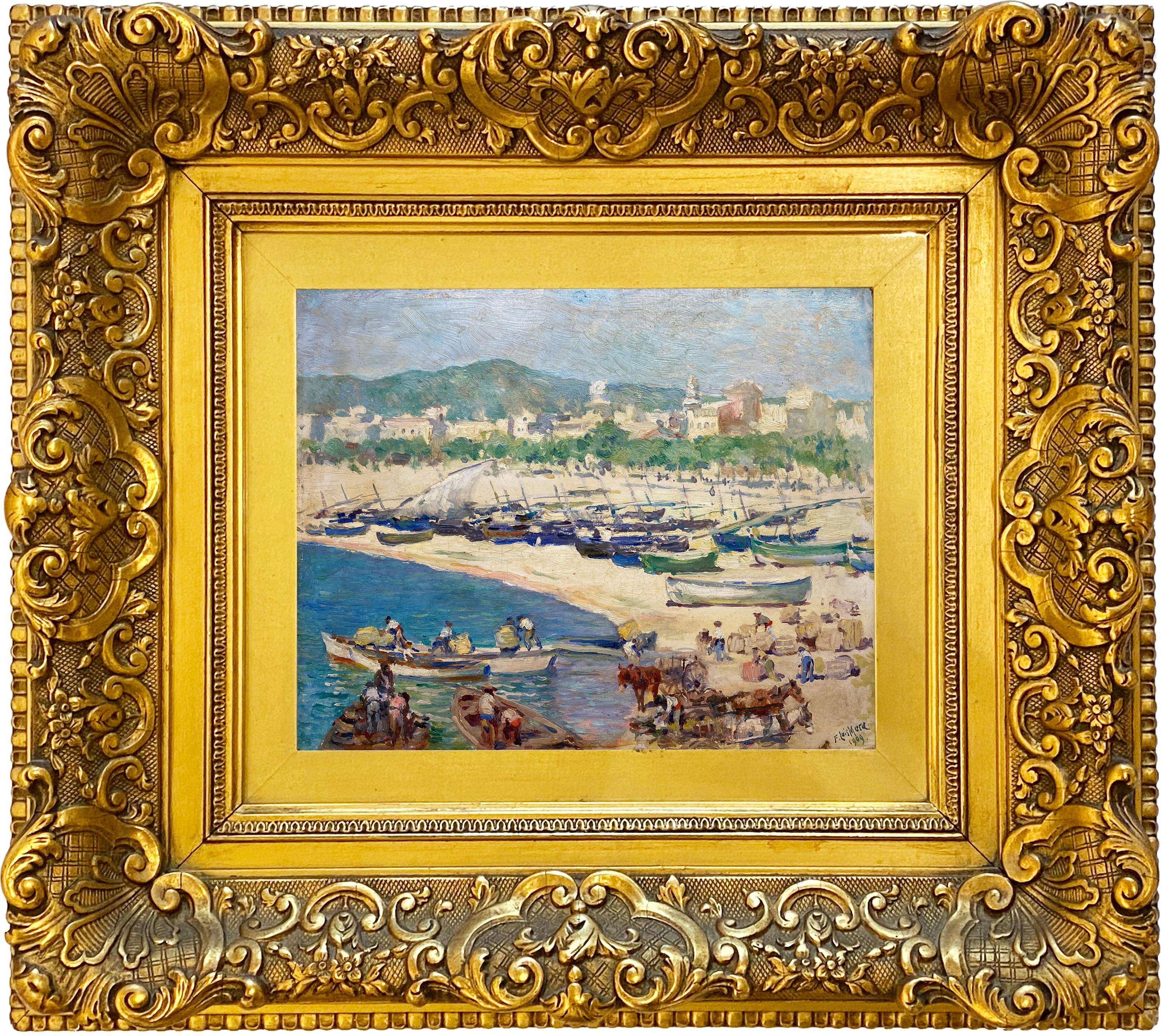 Francis Luis Mora Landscape Painting – Playa con Llüats, Strand und Boote