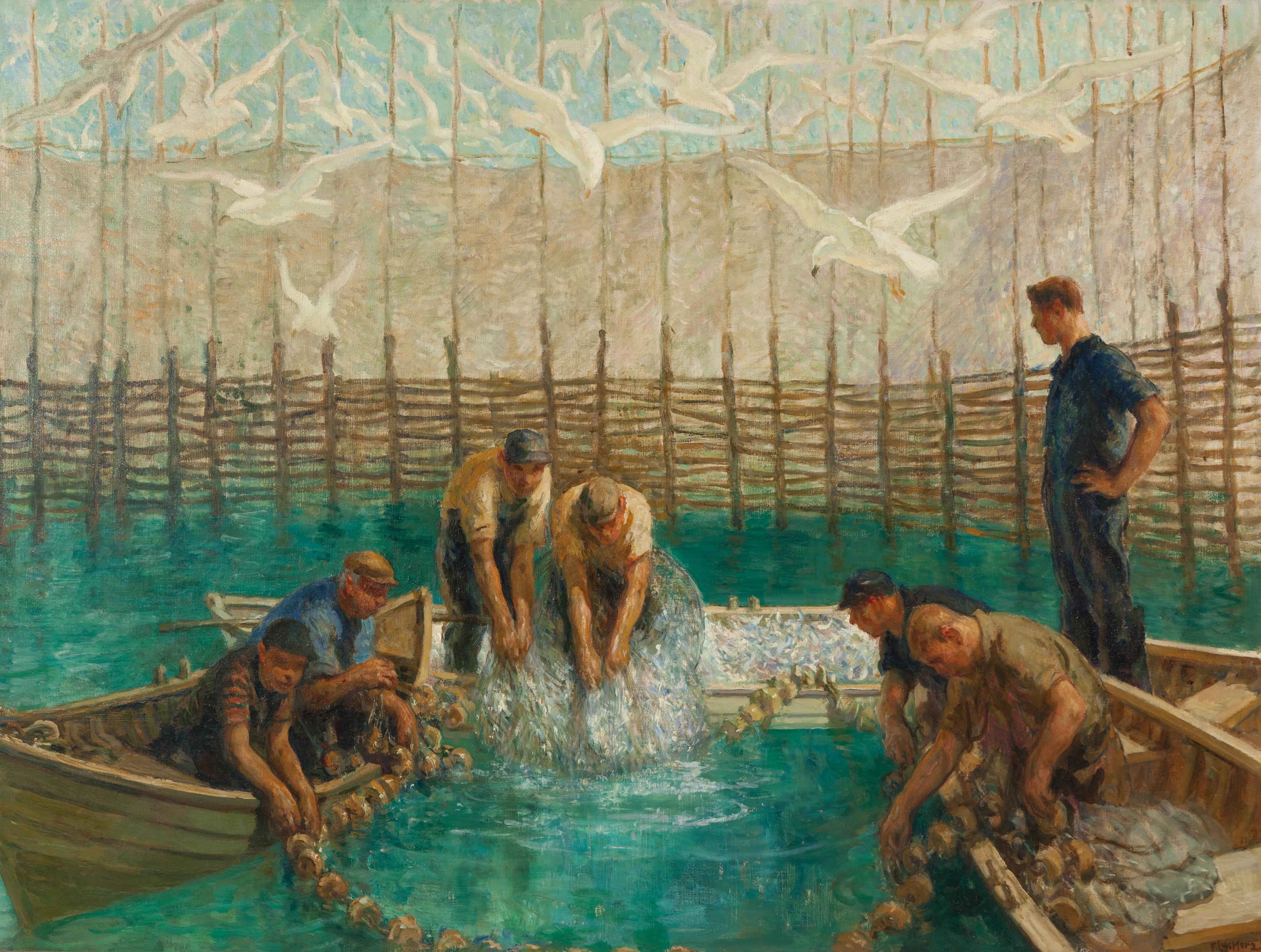 Francis Luis Mora Figurative Painting - Seining of the Weir Net