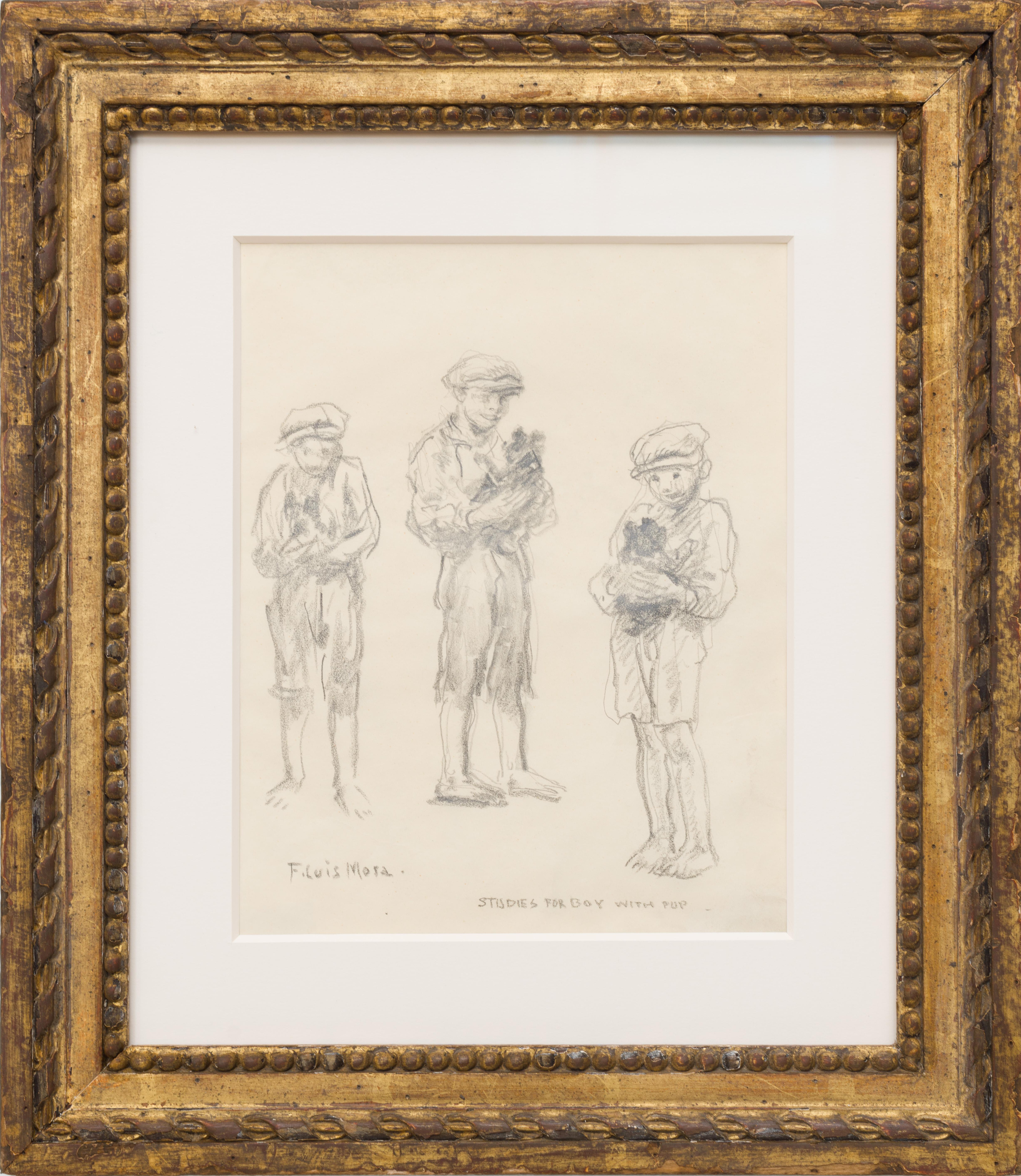 Sketch For Boy with Pup, Vintage American Drawing of the Ash Can School - Painting by Francis Luis Mora