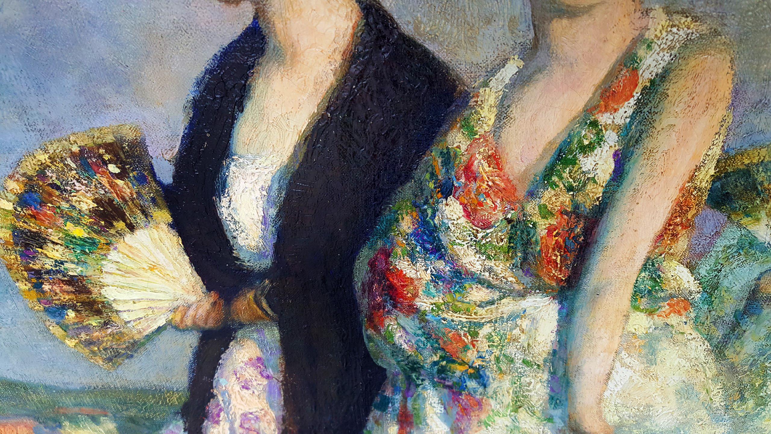 Spanisches Souvenir - mantilla, peineta, von Francis Luis Mora ist ein Gemälde von schönen spanischen Frauen in traditioneller Kleidung mit ihrem Gefolge. Es handelt sich um ein Werk von Museumsqualität. In der Tat,  es hing früher im Palast der