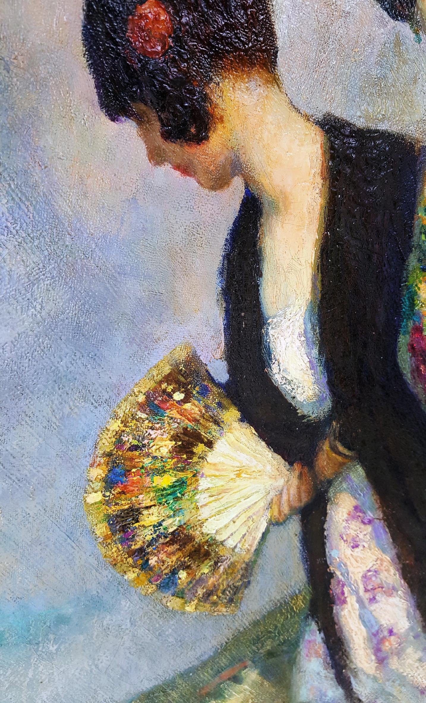 Souvenir d'Espagne - mantille, peineta, par Francis Luis Mora est une peinture de belles femmes espagnoles en tenue traditionnelle avec leur entourage. C'est une œuvre de qualité muséale. En fait,  elle était accrochée au Palais de la Légion