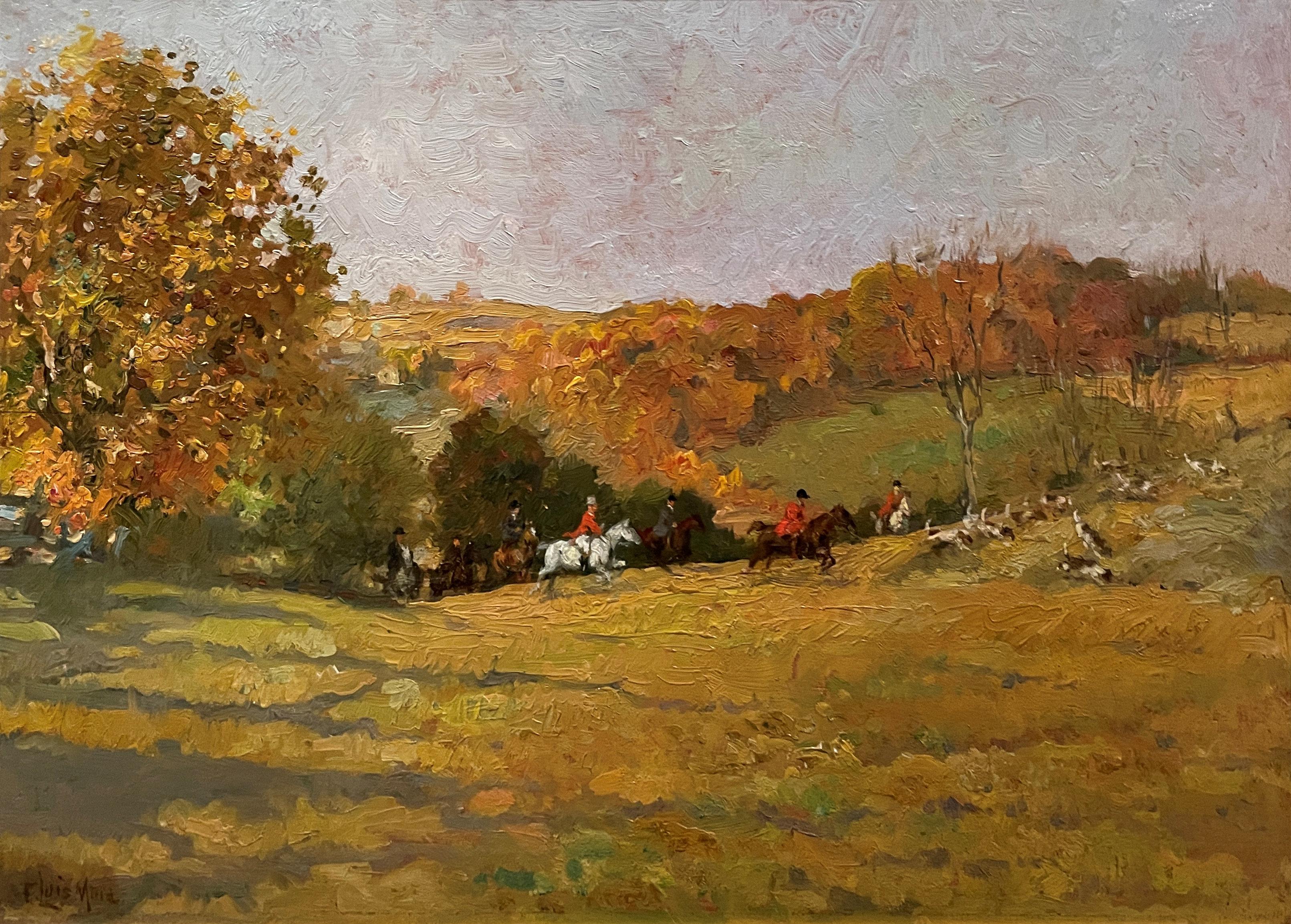 Francis Luis Mora - "The Hunt," Francis Luis Mora, Sporting Art, Autumn  Landscape, Impressionism For Sale at 1stDibs
