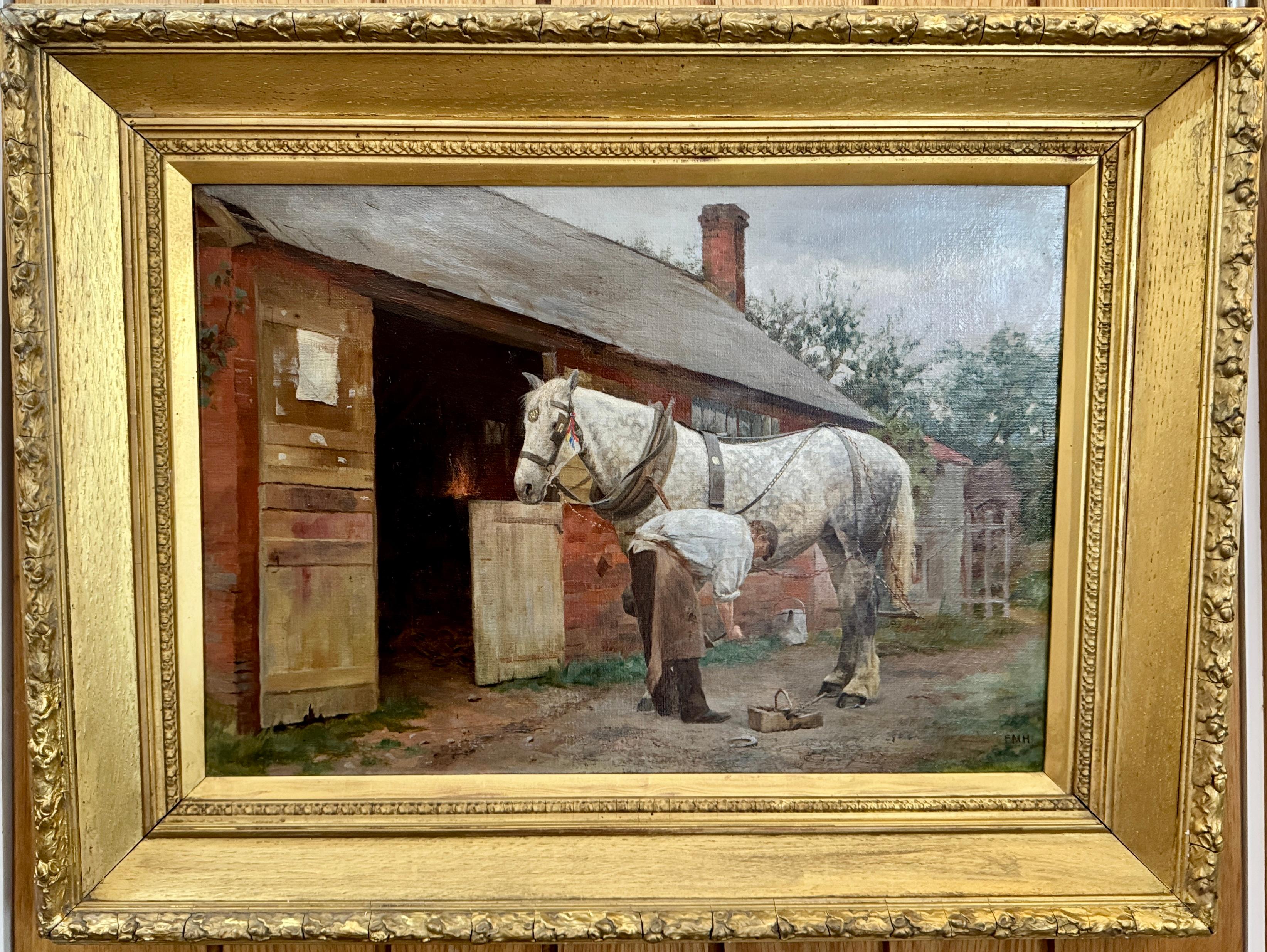 Animal Painting Francis Mable Hollams - « La visite du maréchal-ferrant », dans un paysage de cour de ferme au début du XXe siècle